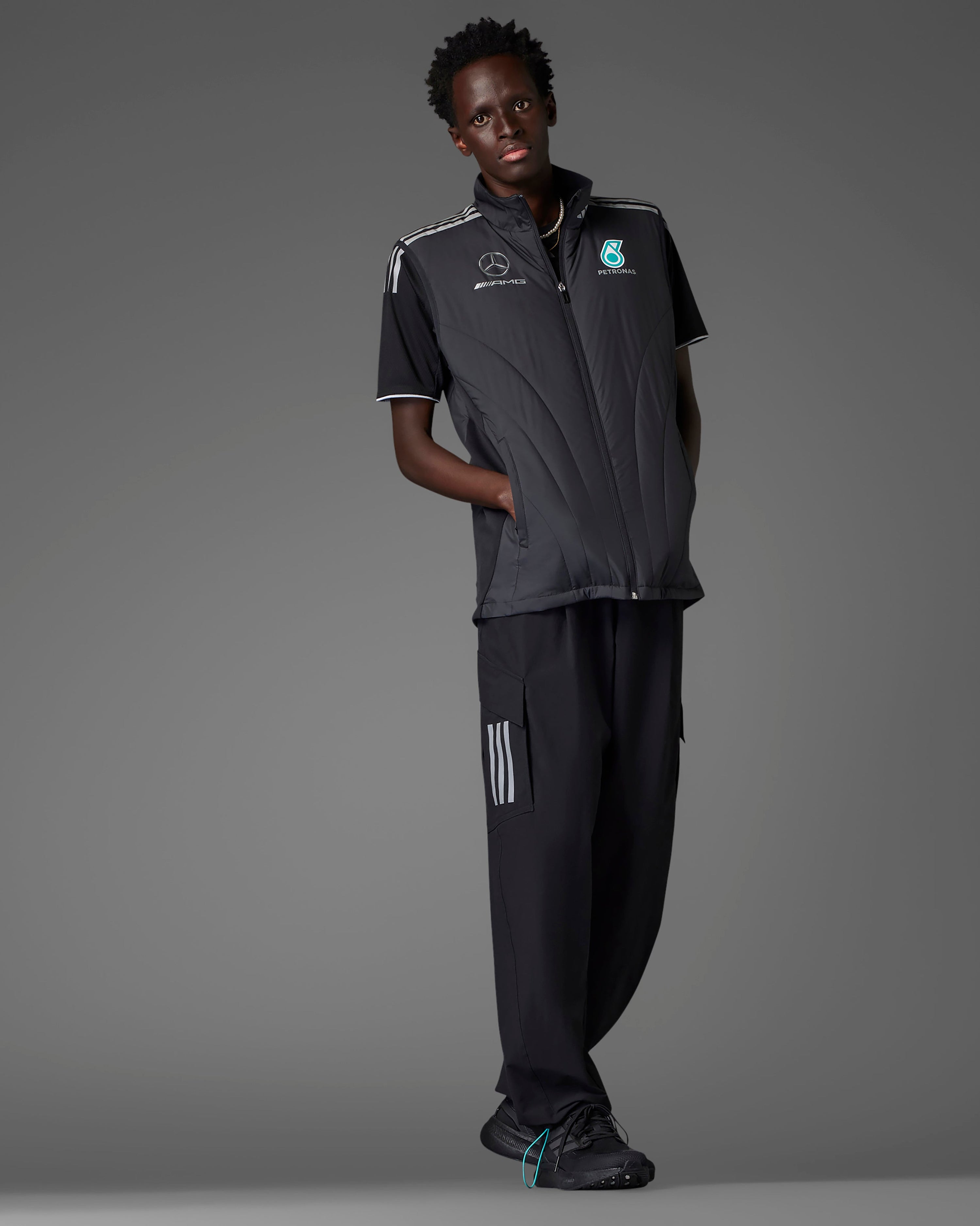 Mens 2025 Mechanics Vest Black — alternate product angle showing Mercedes-AMG PETRONAS F1 styling and product details | Dash Racegear