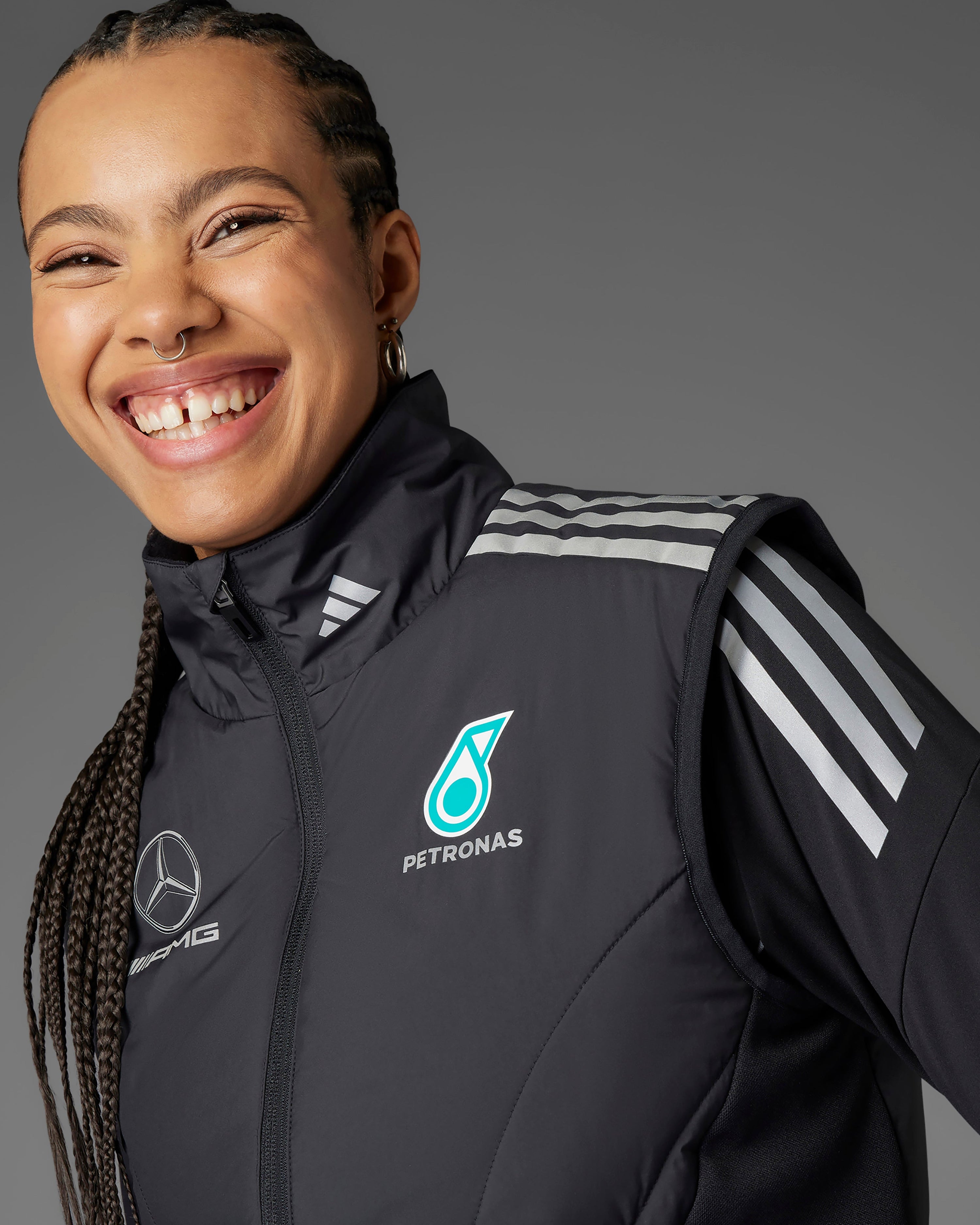 Womens 2025 Mechanics Vest Black — primary product view showing Mercedes-AMG PETRONAS F1 styling and product details | Dash Racegear