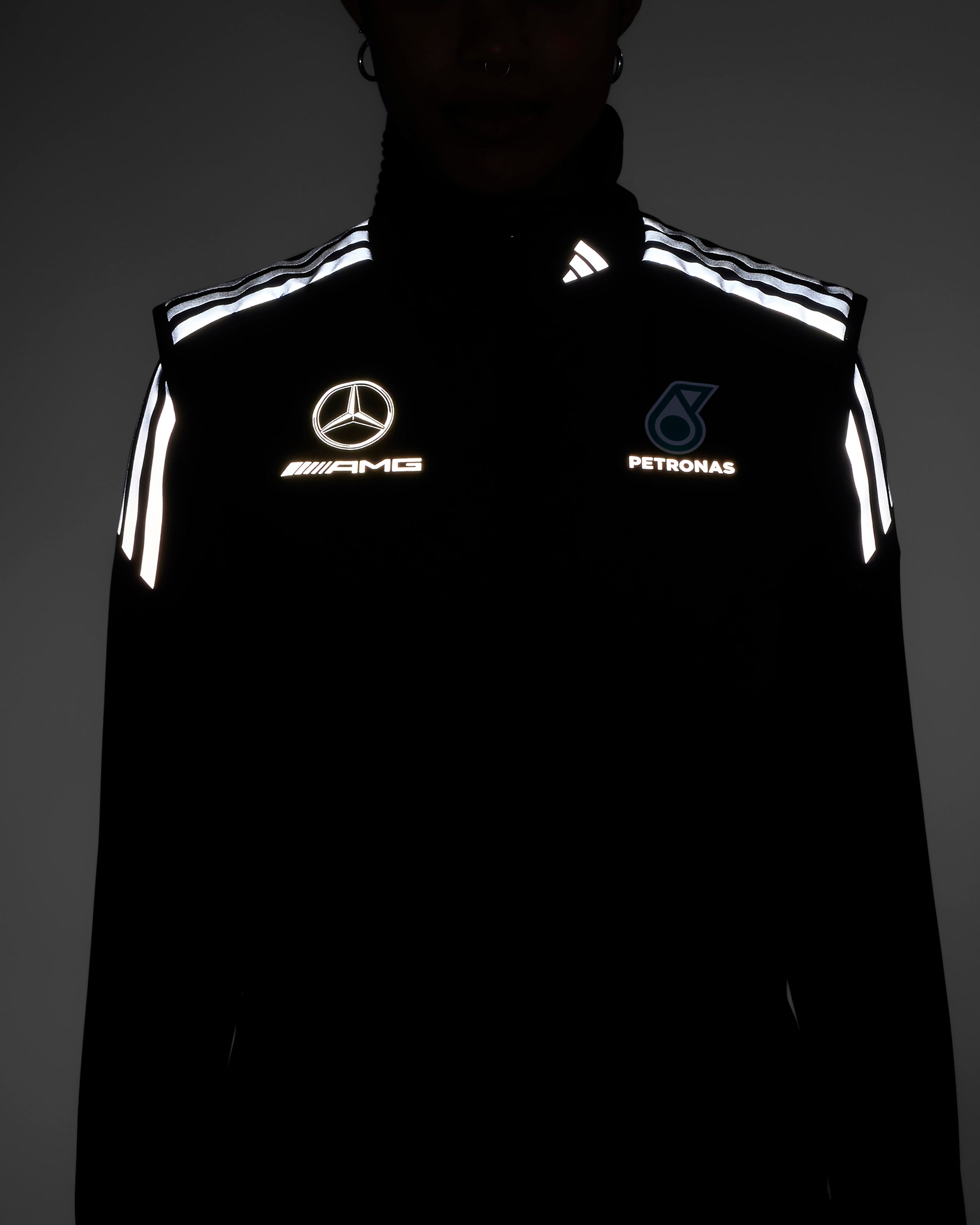 Womens 2025 Mechanics Vest Black — alternate product angle showing Mercedes-AMG PETRONAS F1 styling and product details | Dash Racegear