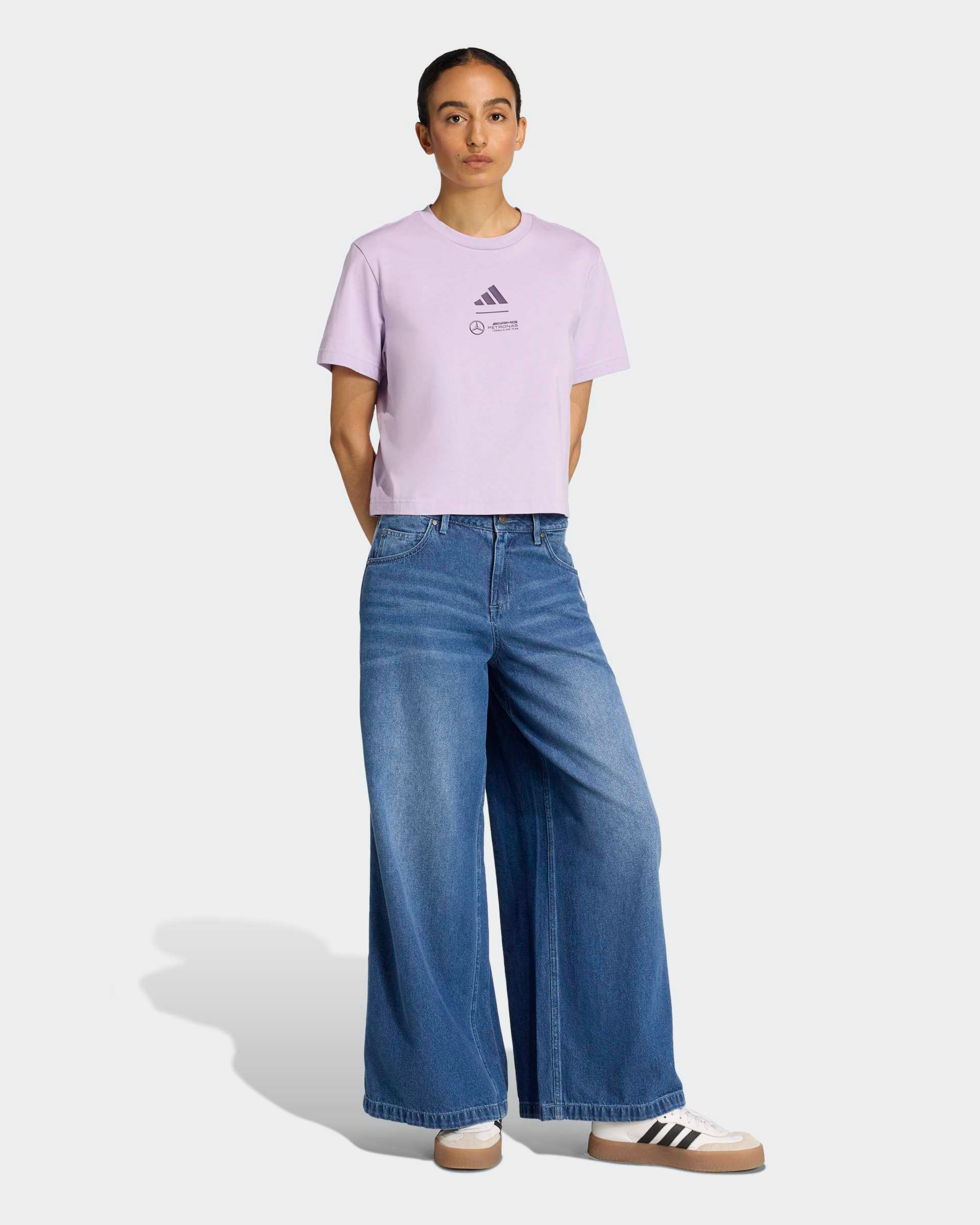 Womens Premium Woven Crop T-shirt Purple — additional product detail showing Mercedes-AMG PETRONAS F1 styling and product details | Dash Racegear