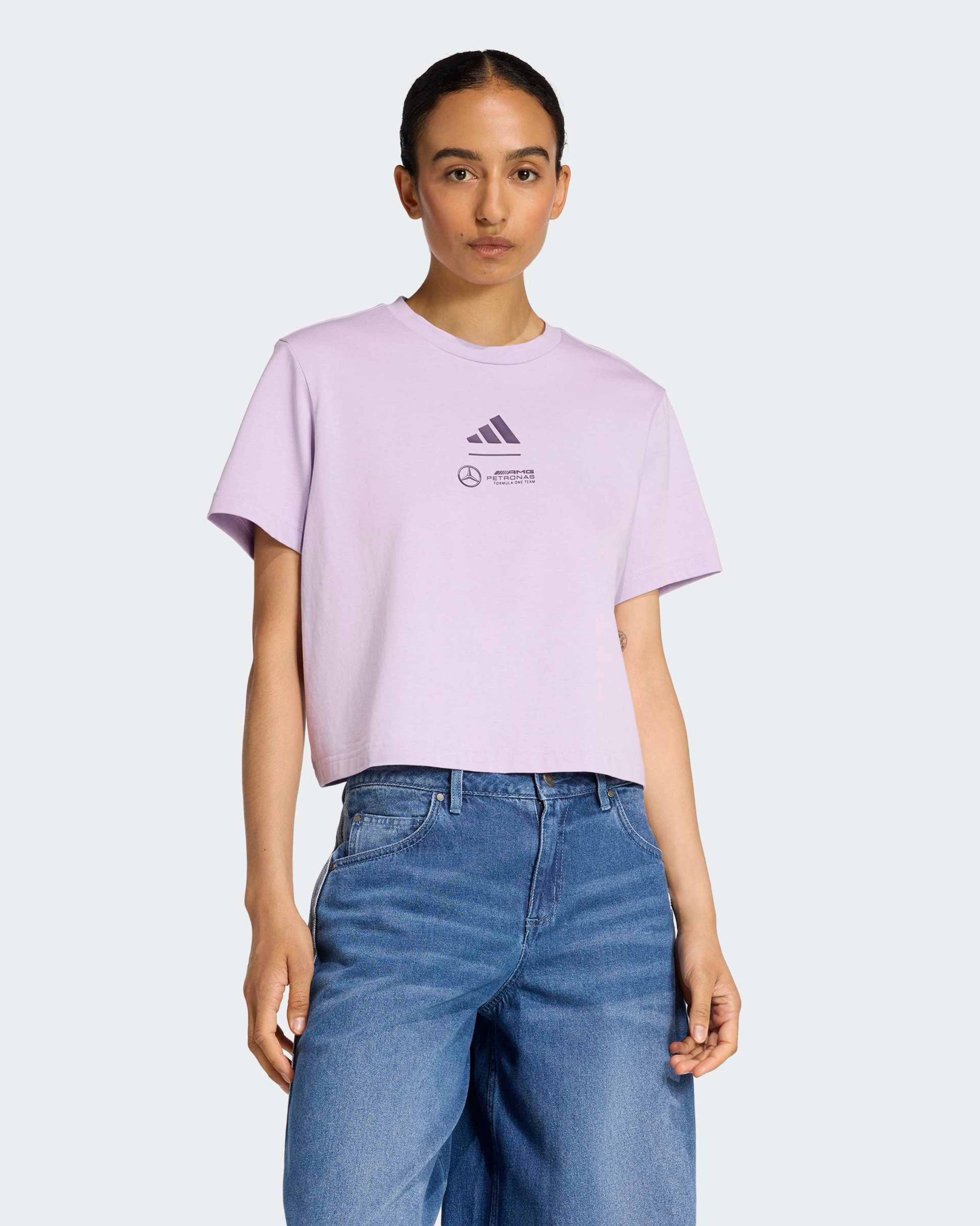 Womens Premium Woven Crop T-shirt Purple — alternate product angle showing Mercedes-AMG PETRONAS F1 styling and product details | Dash Racegear