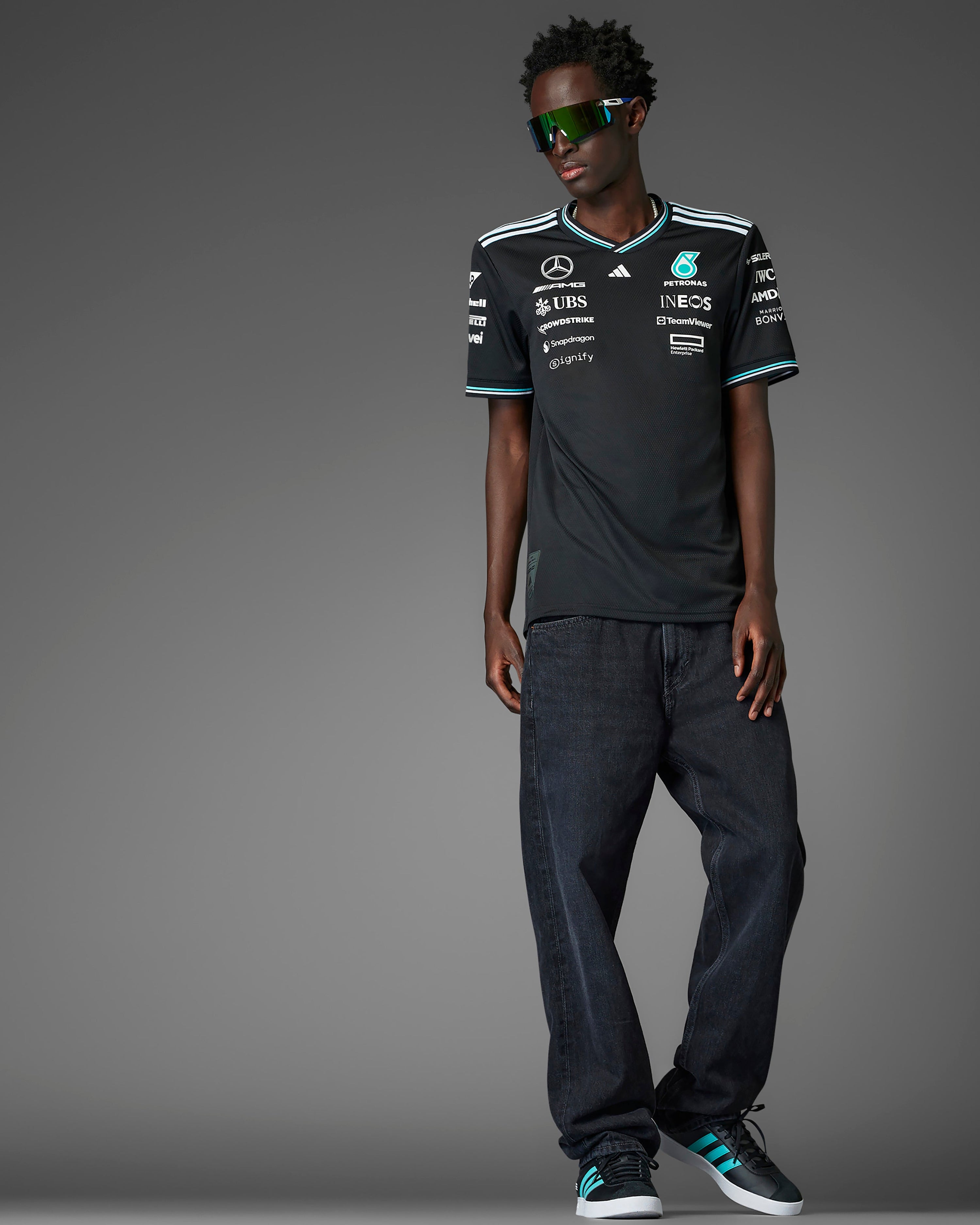 Mens 2025 Authentic Driver Tee Black — additional product detail showing Mercedes-AMG PETRONAS F1 styling and product details | Dash Racegear