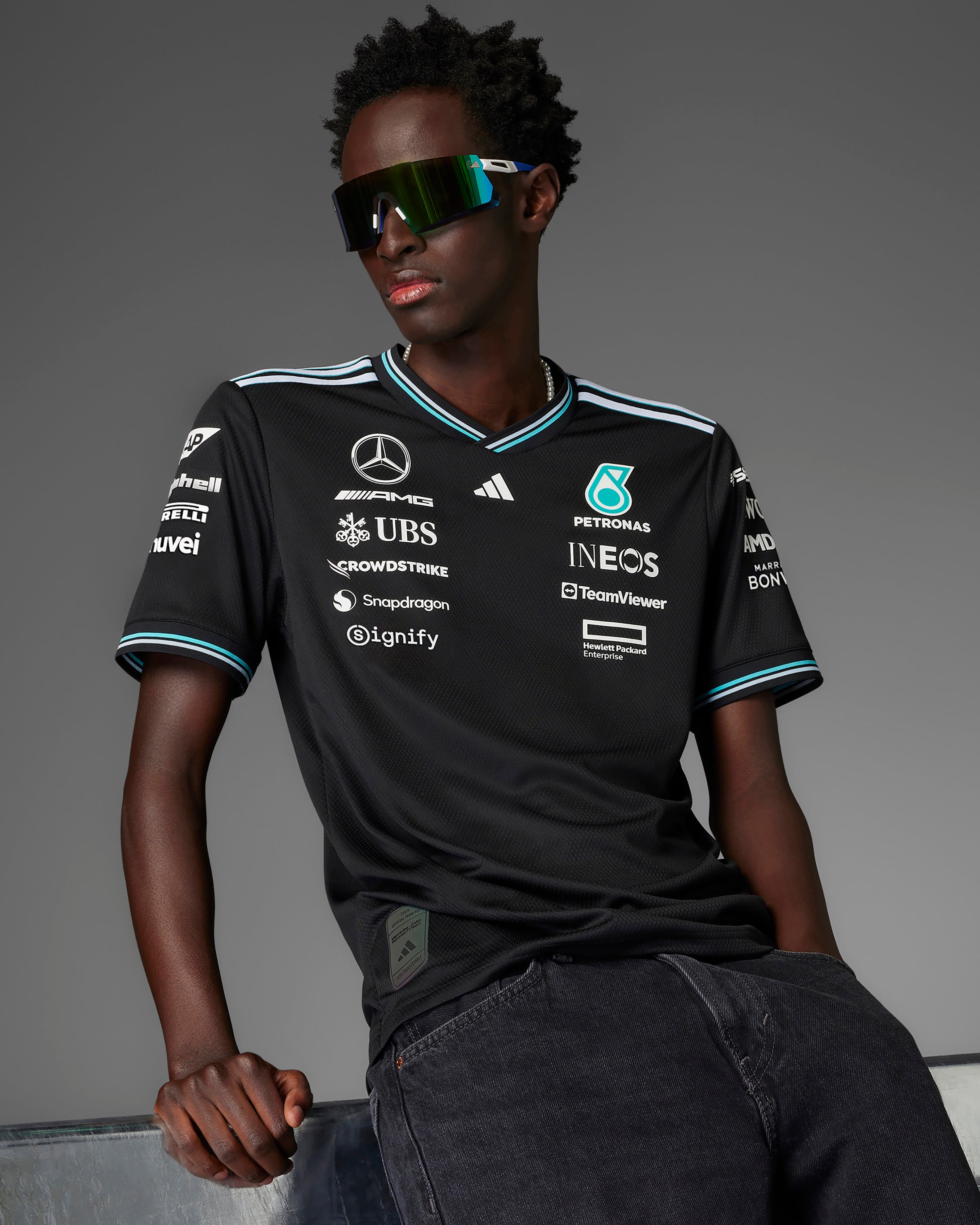 Mens 2025 Authentic Driver Tee Black — alternate product angle showing Mercedes-AMG PETRONAS F1 styling and product details | Dash Racegear