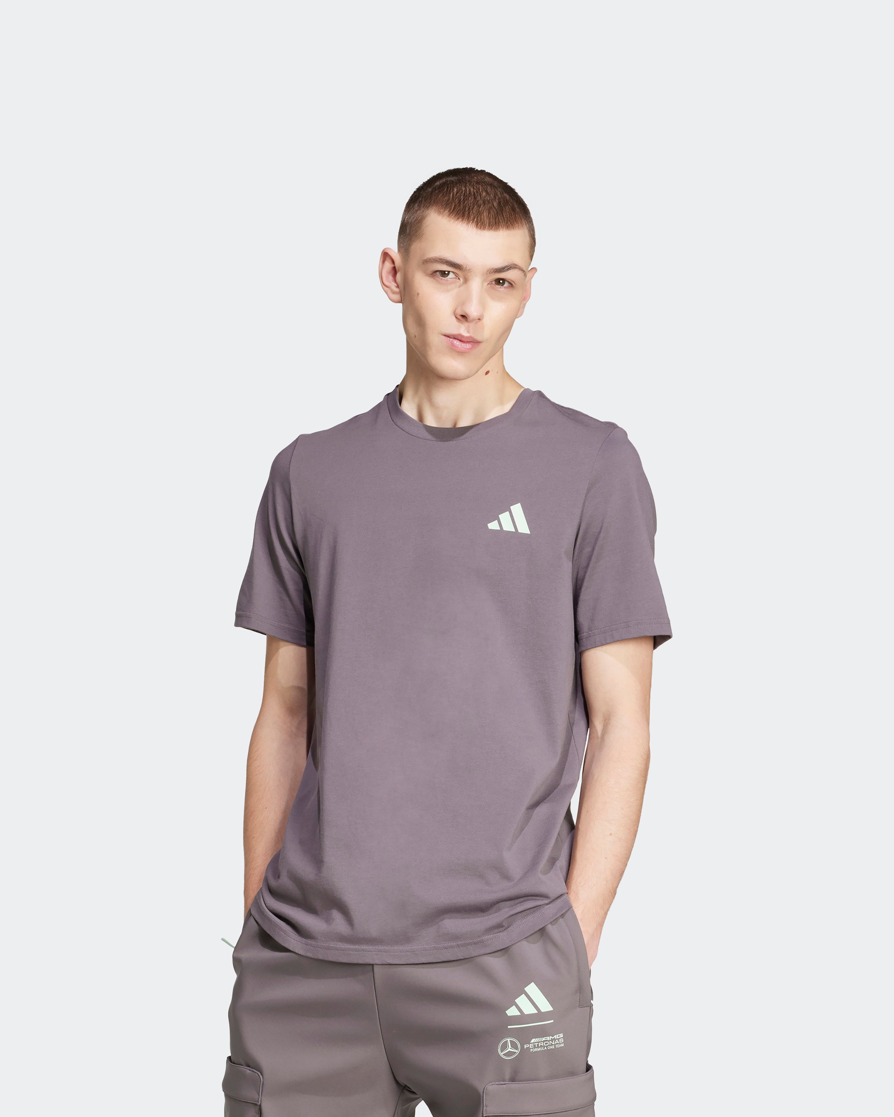 Mens Premium Woven Graphic T-Shirt Grey — primary product view showing Mercedes-AMG PETRONAS F1 styling and product details | Dash Racegear