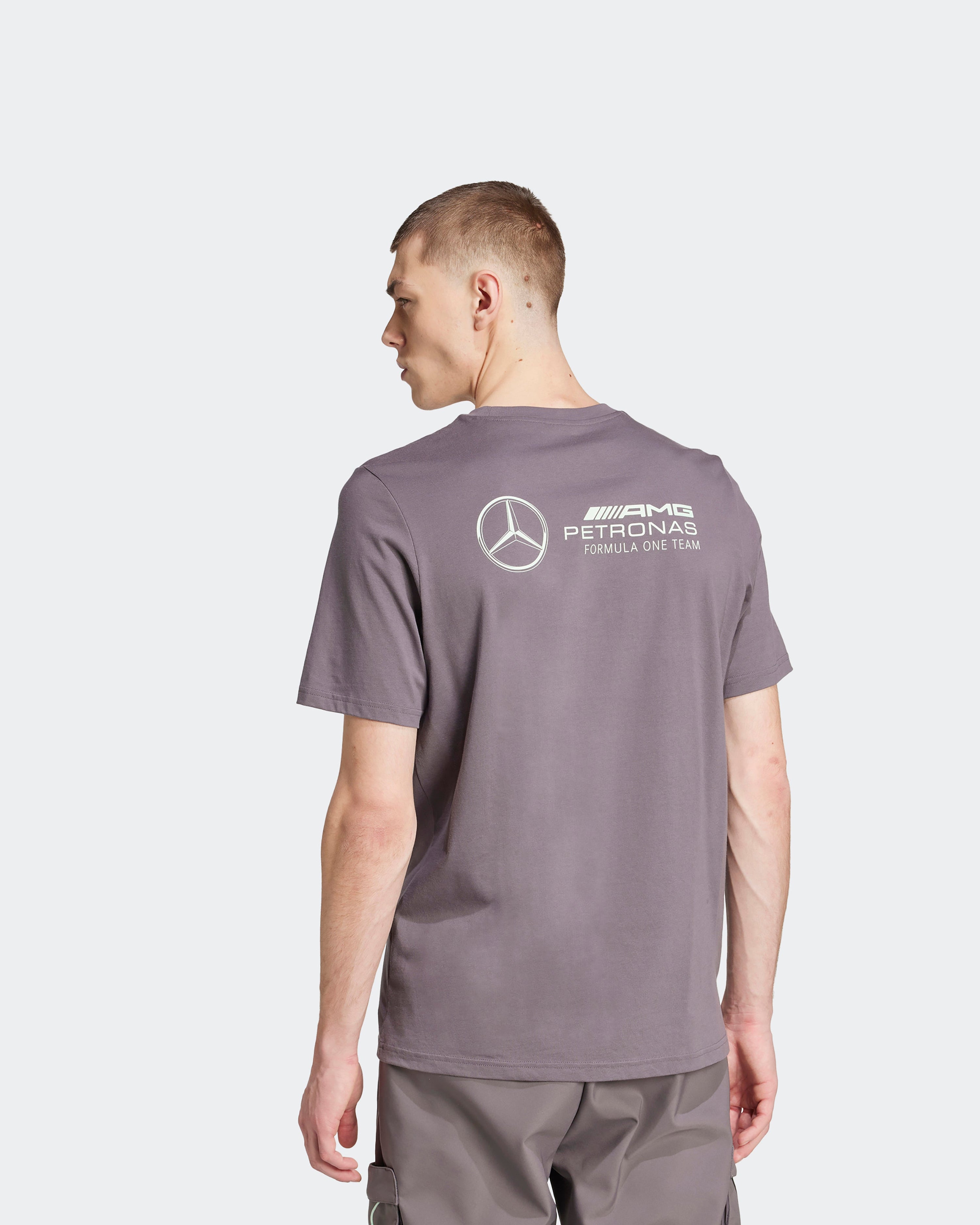 Mens Premium Woven Graphic T-Shirt Grey — alternate product angle showing Mercedes-AMG PETRONAS F1 styling and product details | Dash Racegear