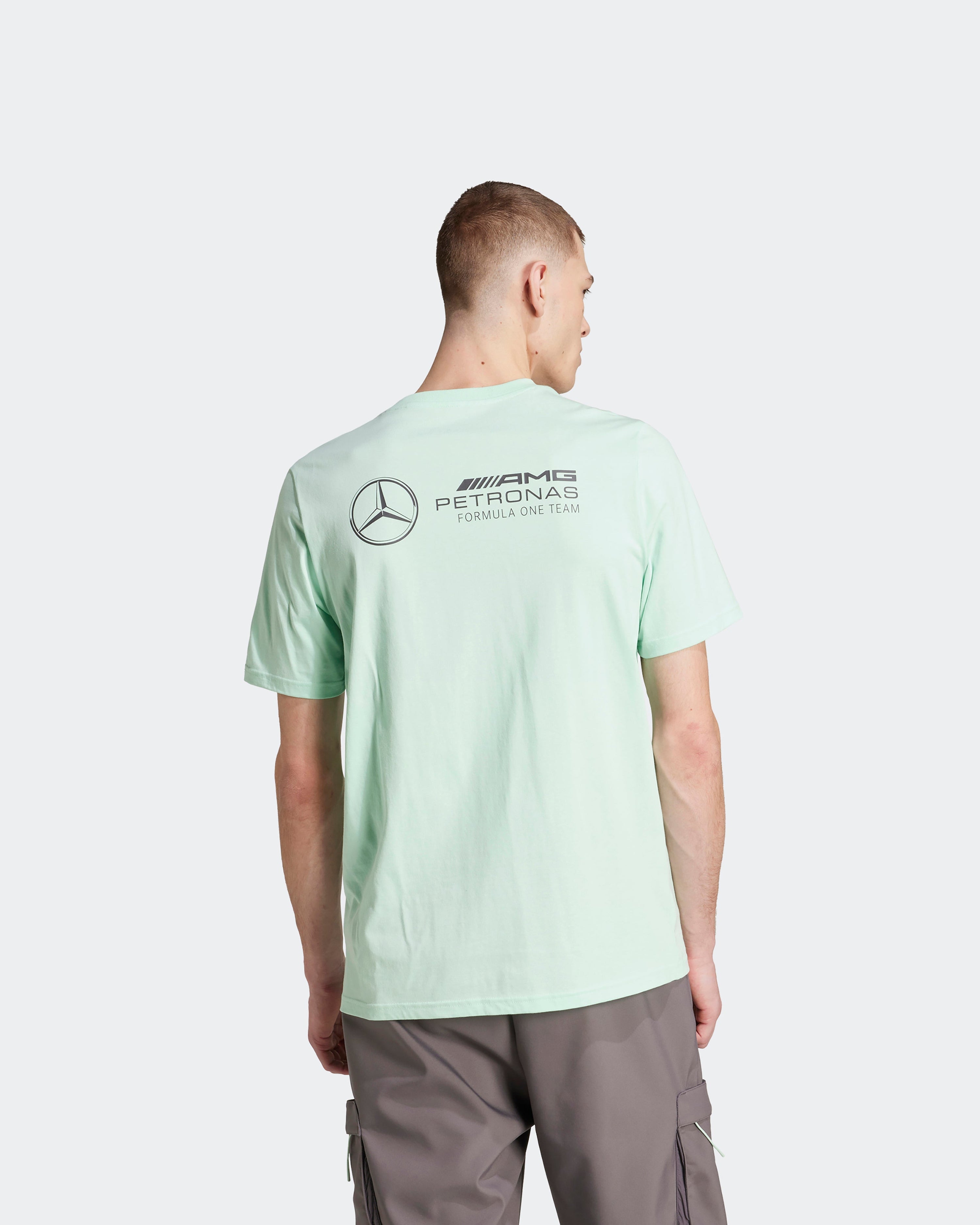 Mens Premium Woven Graphic T-Shirt Green — alternate product angle showing Mercedes-AMG PETRONAS F1 styling and product details | Dash Racegear