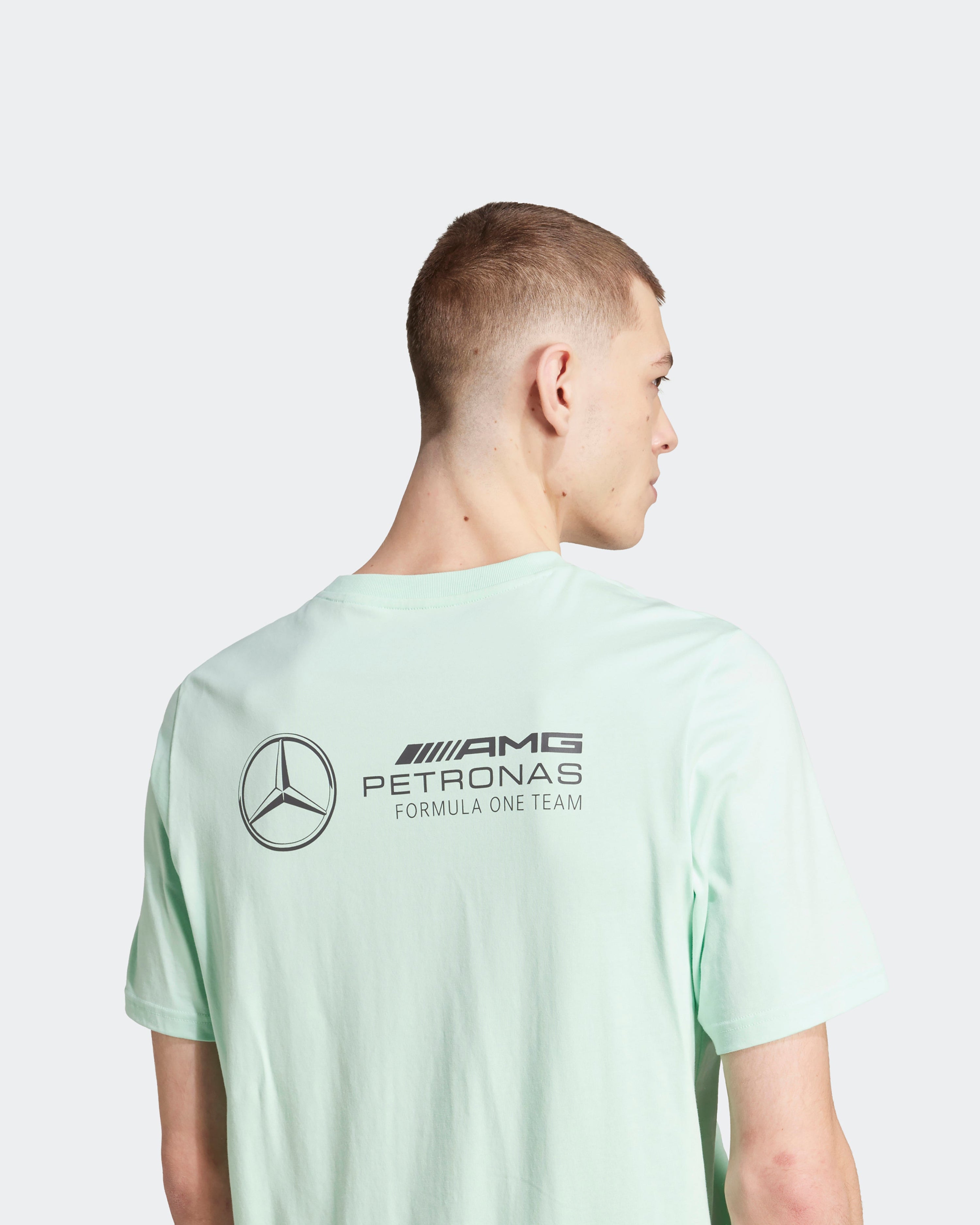 Mens Premium Woven Graphic T-Shirt Green — additional product detail showing Mercedes-AMG PETRONAS F1 styling and product details | Dash Racegear