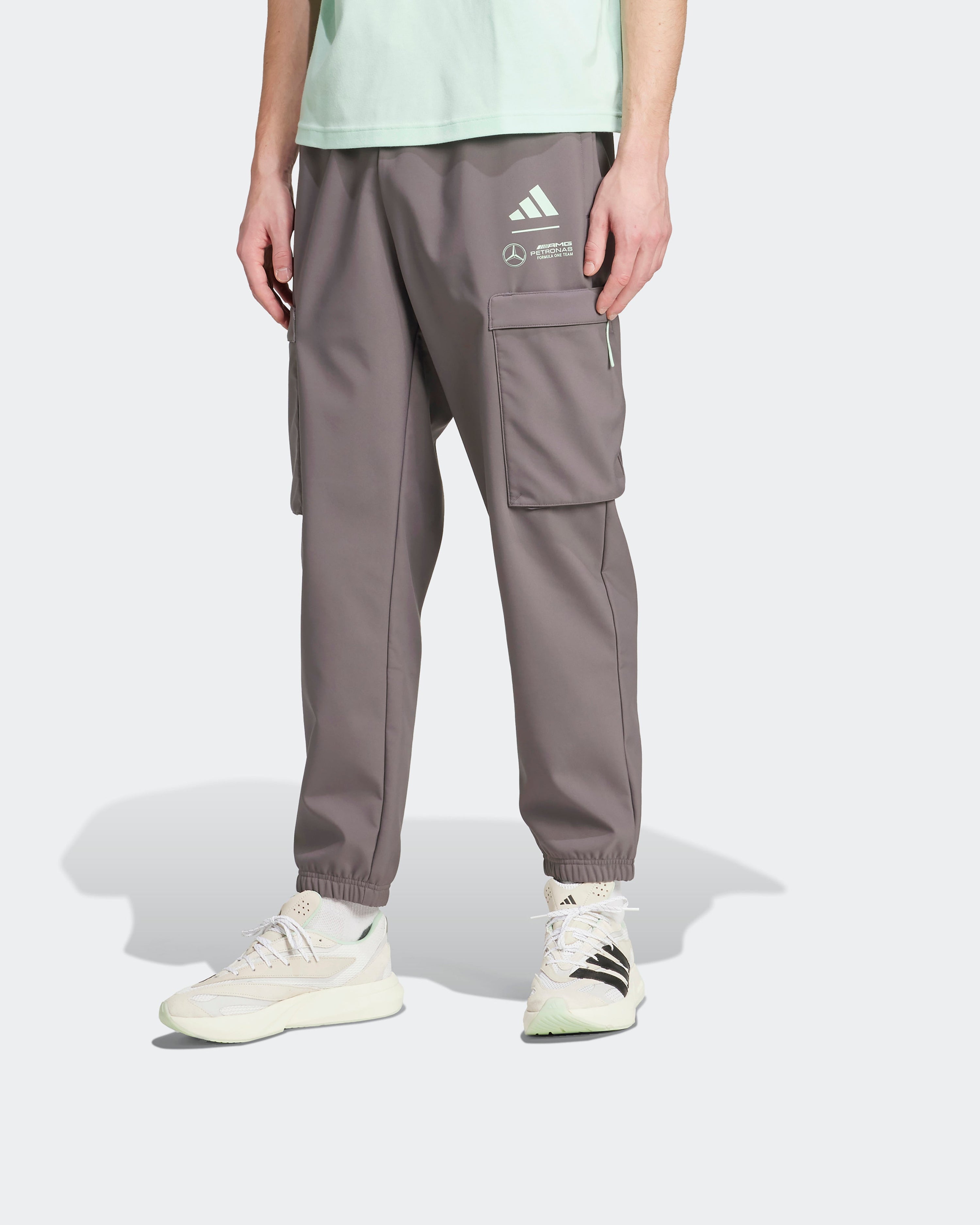 Mens Premium Woven Joggers Grey — primary product view showing Mercedes-AMG PETRONAS F1 styling and product details | Dash Racegear