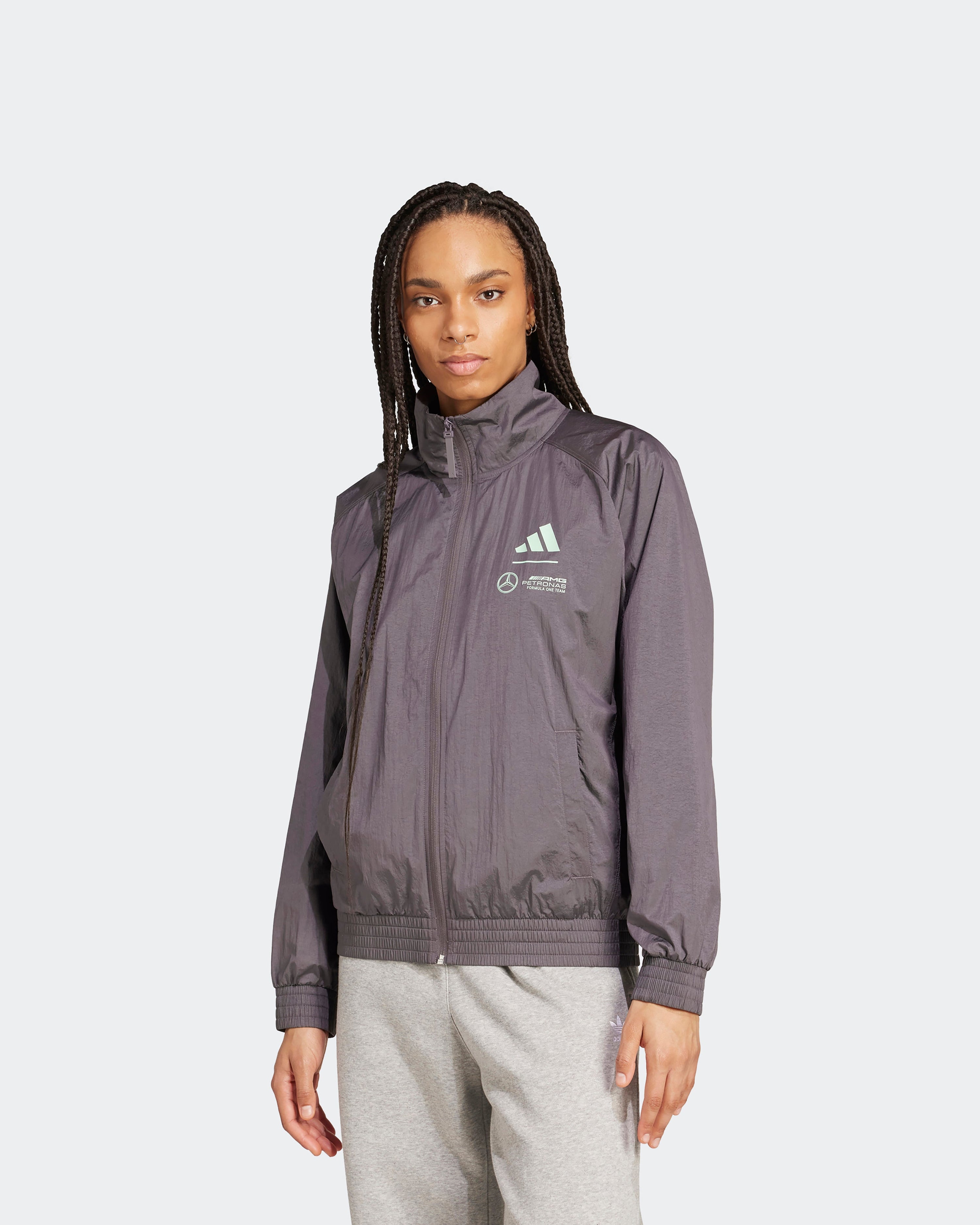 Womens Premium Woven Track Top Grey — alternate product angle showing Mercedes-AMG PETRONAS F1 styling and product details | Dash Racegear