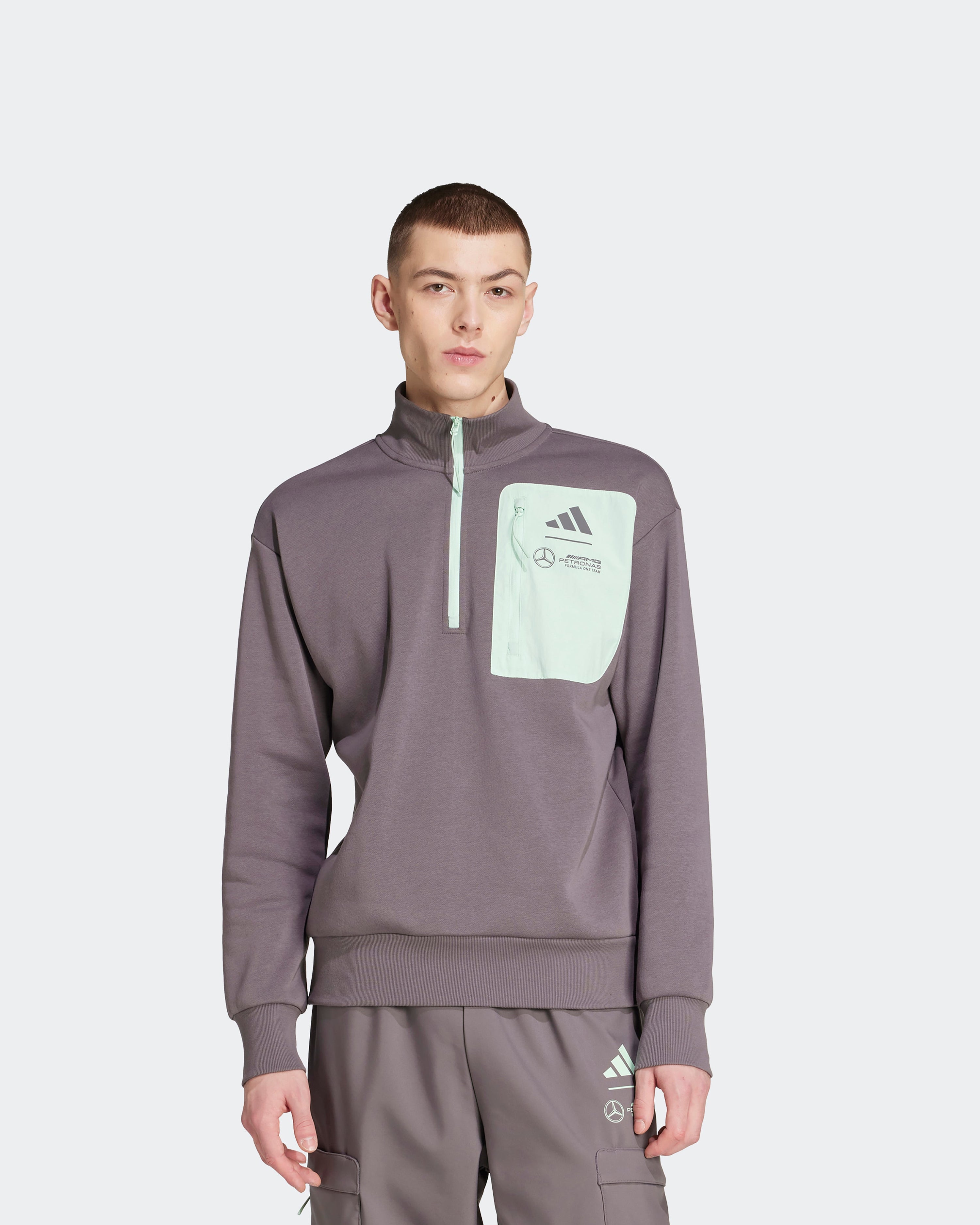 Mens Premium Woven Fleece Top Grey — alternate product angle showing Mercedes-AMG PETRONAS F1 styling and product details | Dash Racegear