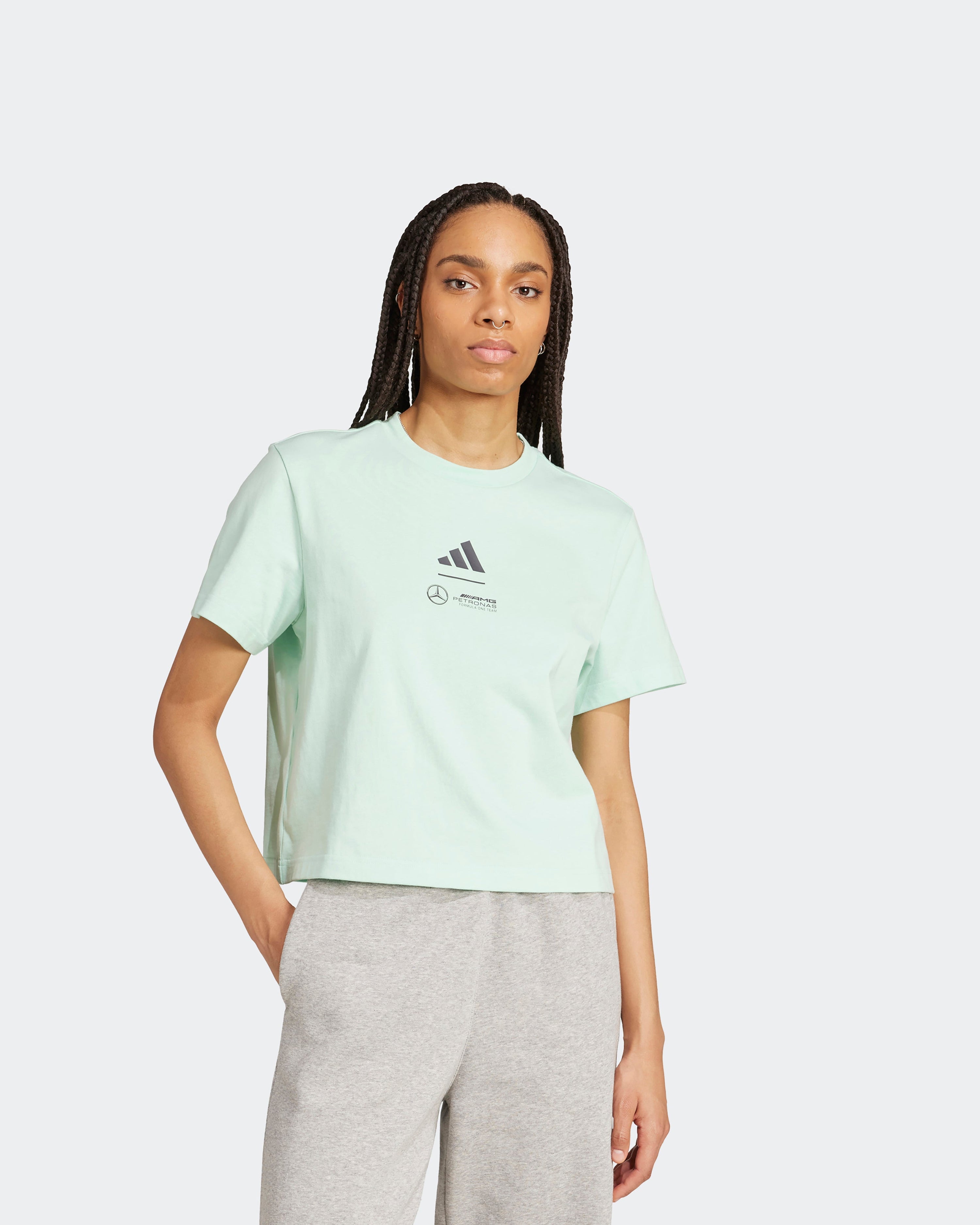 Womens Premium Woven Crop T-Shirt Green — alternate product angle showing Mercedes-AMG PETRONAS F1 styling and product details | Dash Racegear