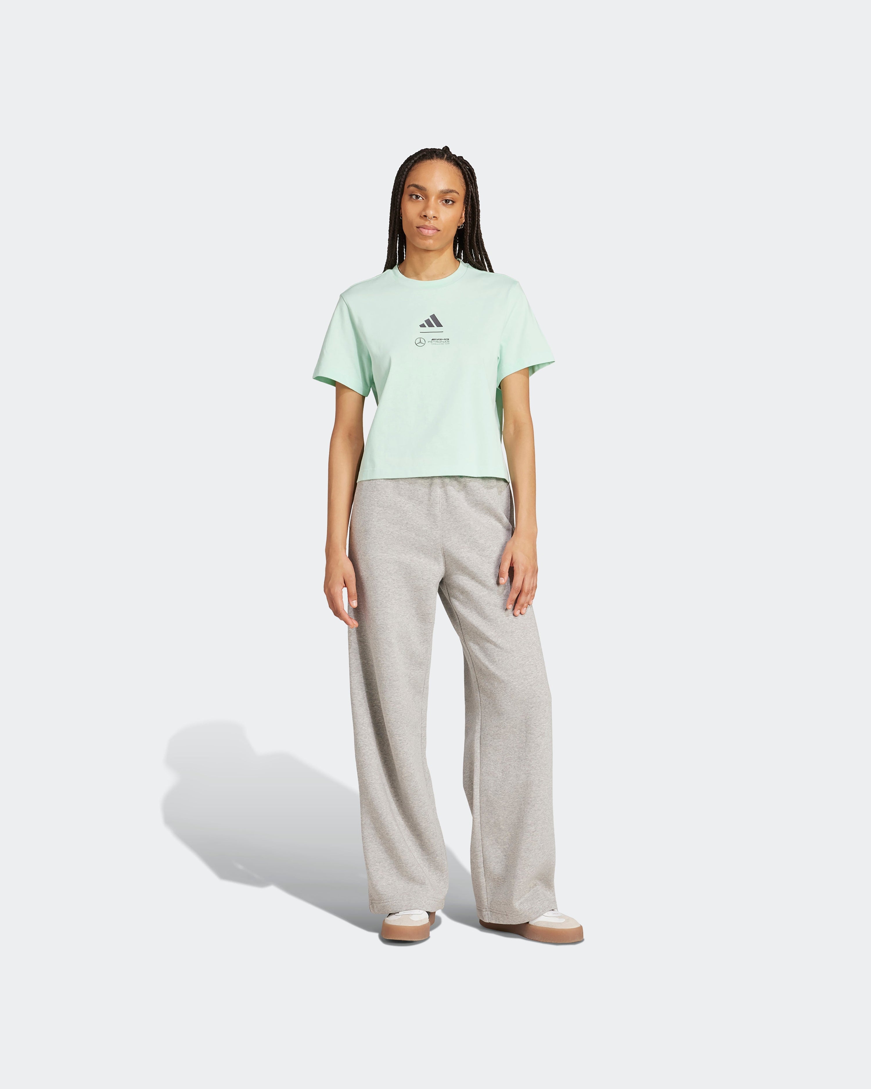 Womens Premium Woven Crop T-Shirt Green — additional product detail showing Mercedes-AMG PETRONAS F1 styling and product details | Dash Racegear