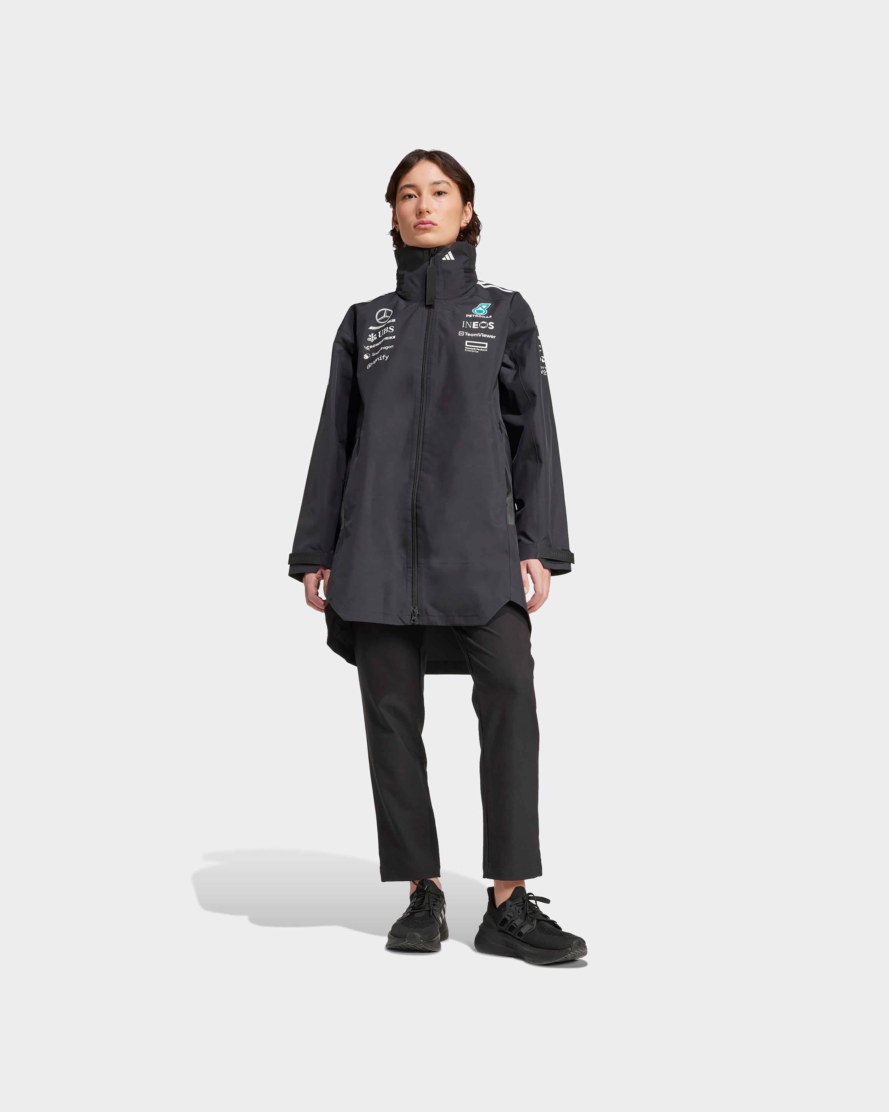 Womens 2025 Team Myshelter Jacket Black — alternate product angle showing Mercedes-AMG PETRONAS F1 styling and product details | Dash Racegear