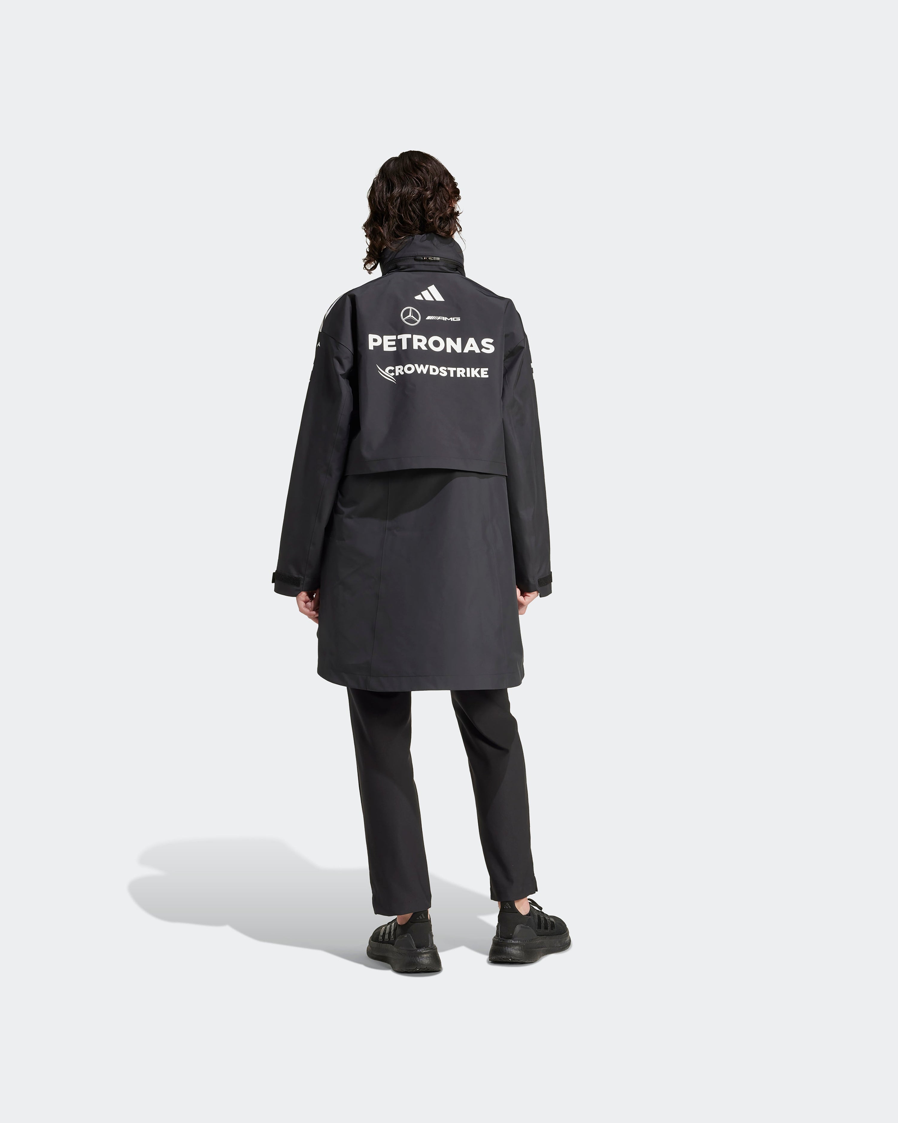 Womens 2025 Team Myshelter Jacket Black — close-up design detail showing Mercedes-AMG PETRONAS F1 styling and product details | Dash Racegear