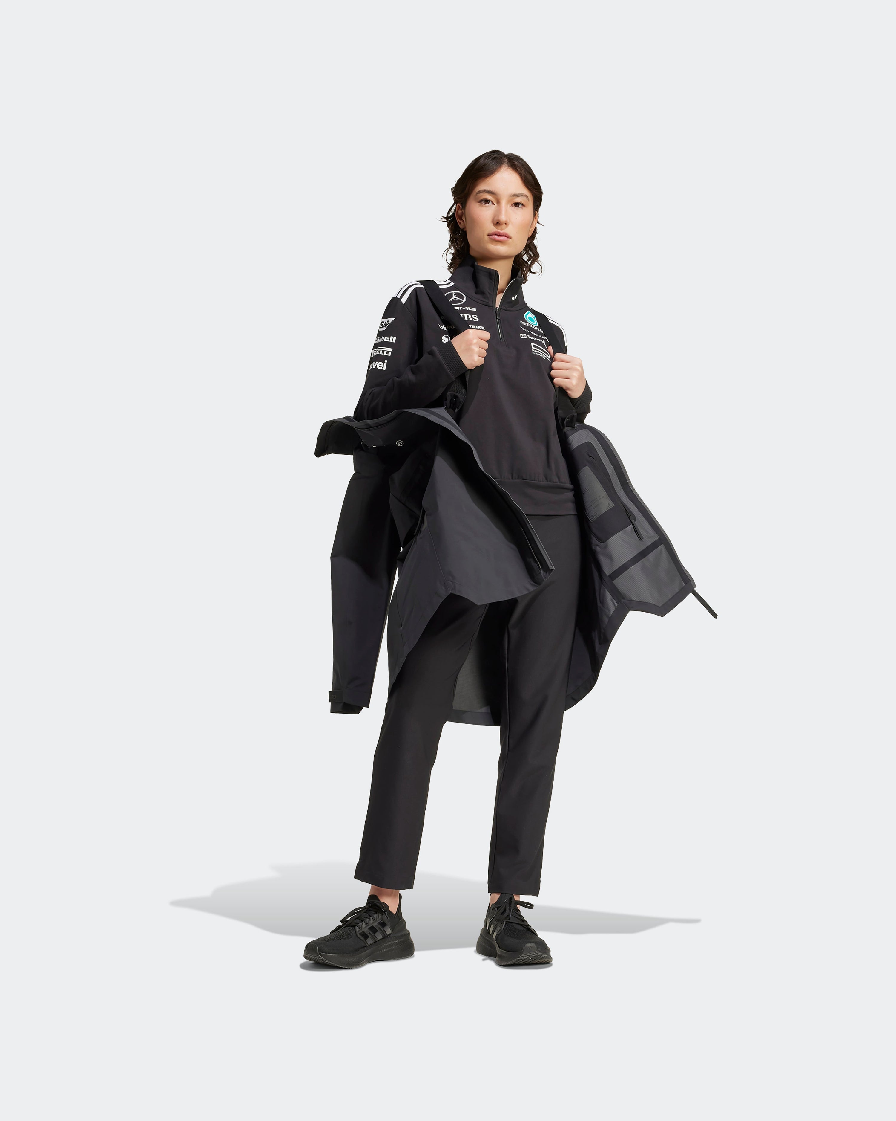 Womens 2025 Team Myshelter Jacket Black — additional product detail showing Mercedes-AMG PETRONAS F1 styling and product details | Dash Racegear