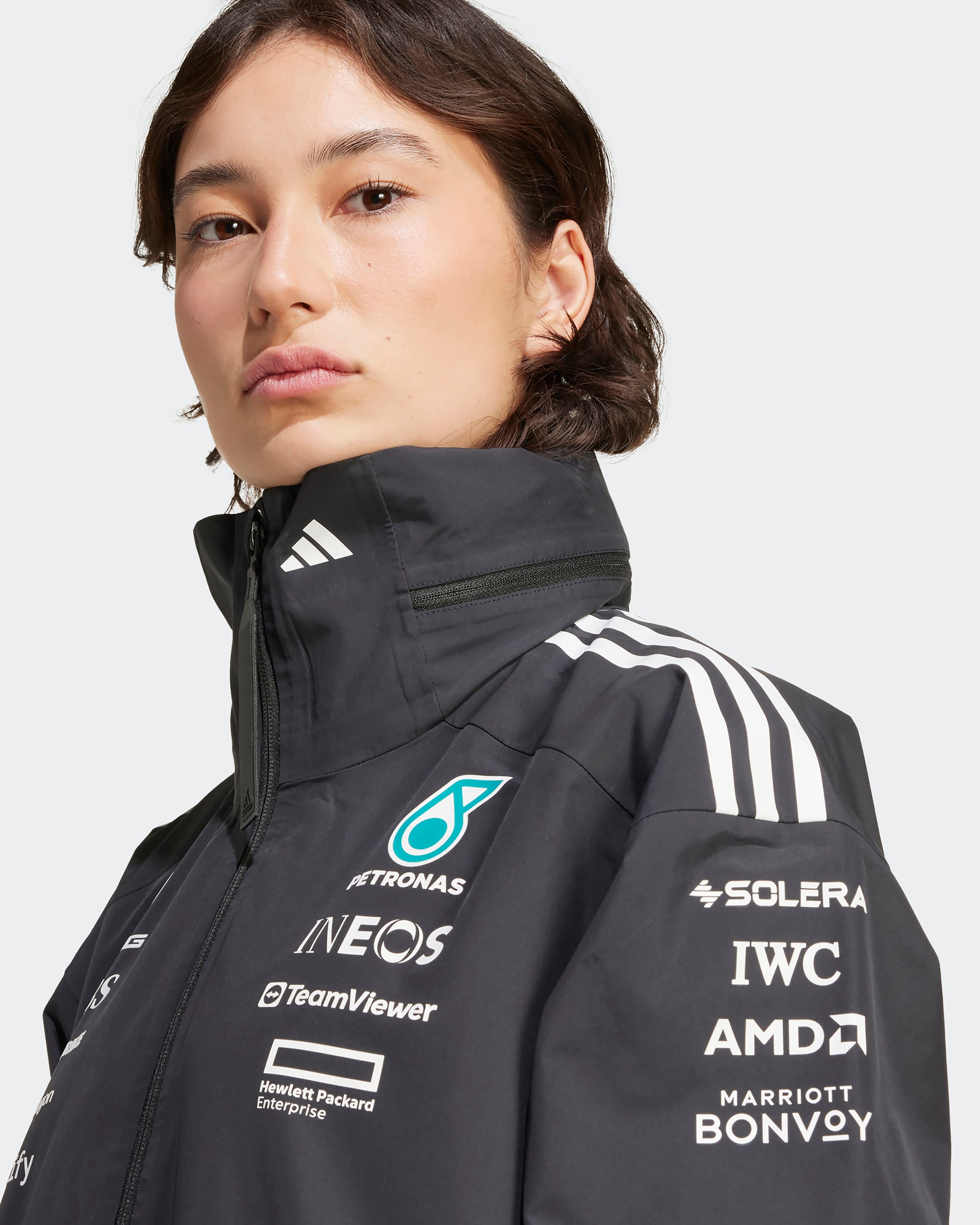 Womens 2025 Team Myshelter Jacket Black — primary product view showing Mercedes-AMG PETRONAS F1 styling and product details | Dash Racegear