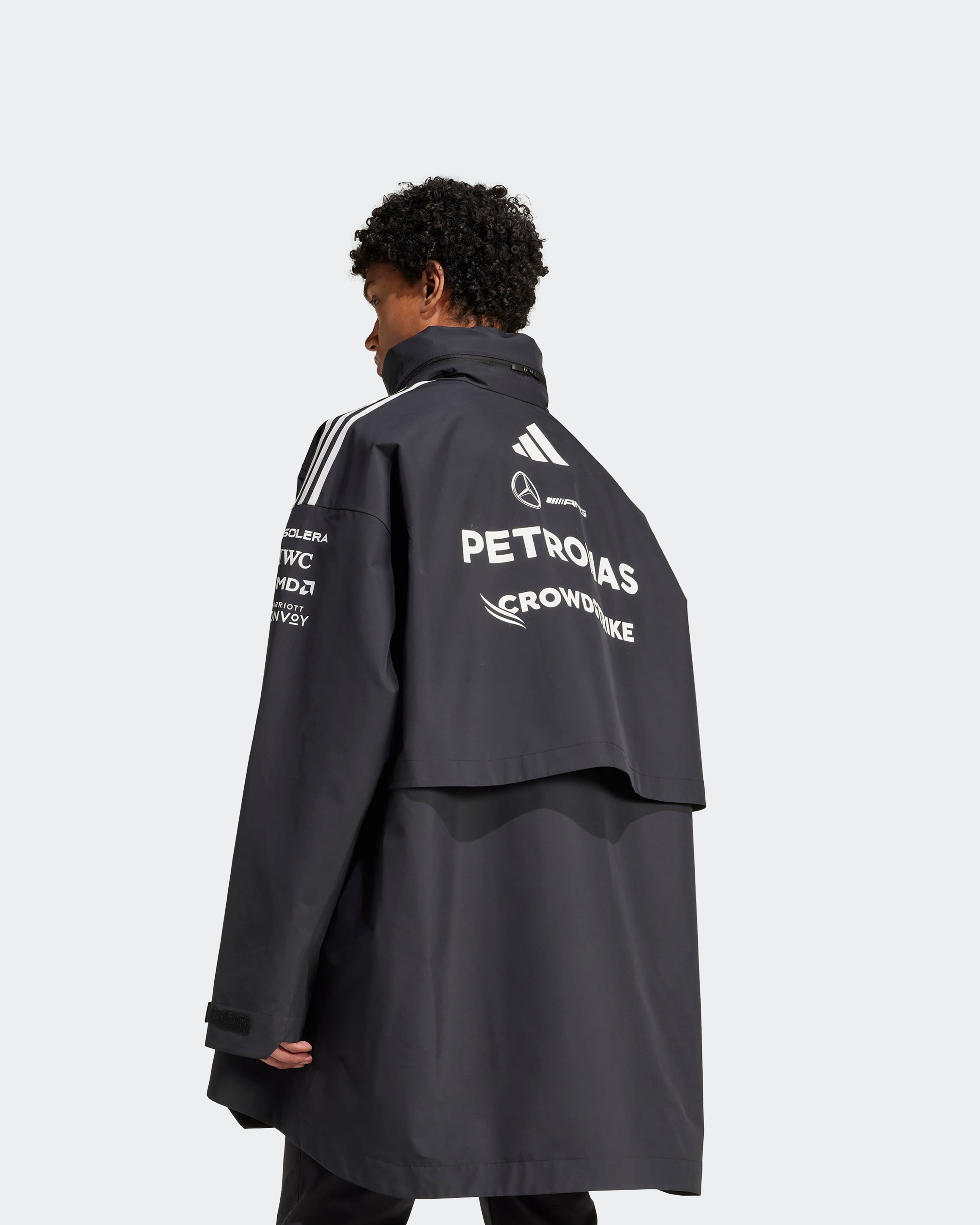 Mens 2025 Team Myshelter Jacket Black — close-up design detail showing Mercedes-AMG PETRONAS F1 styling and product details | Dash Racegear