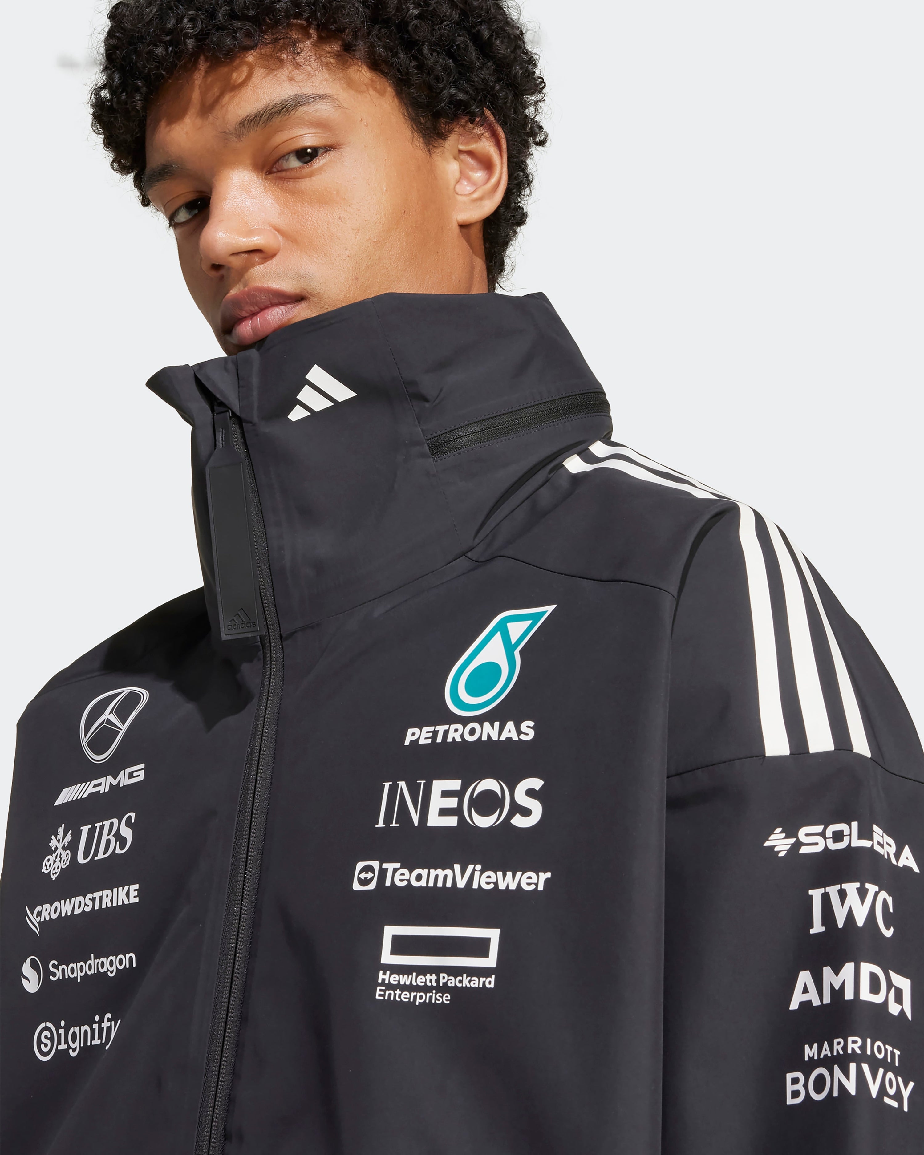Mens 2025 Team Myshelter Jacket Black — primary product view showing Mercedes-AMG PETRONAS F1 styling and product details | Dash Racegear