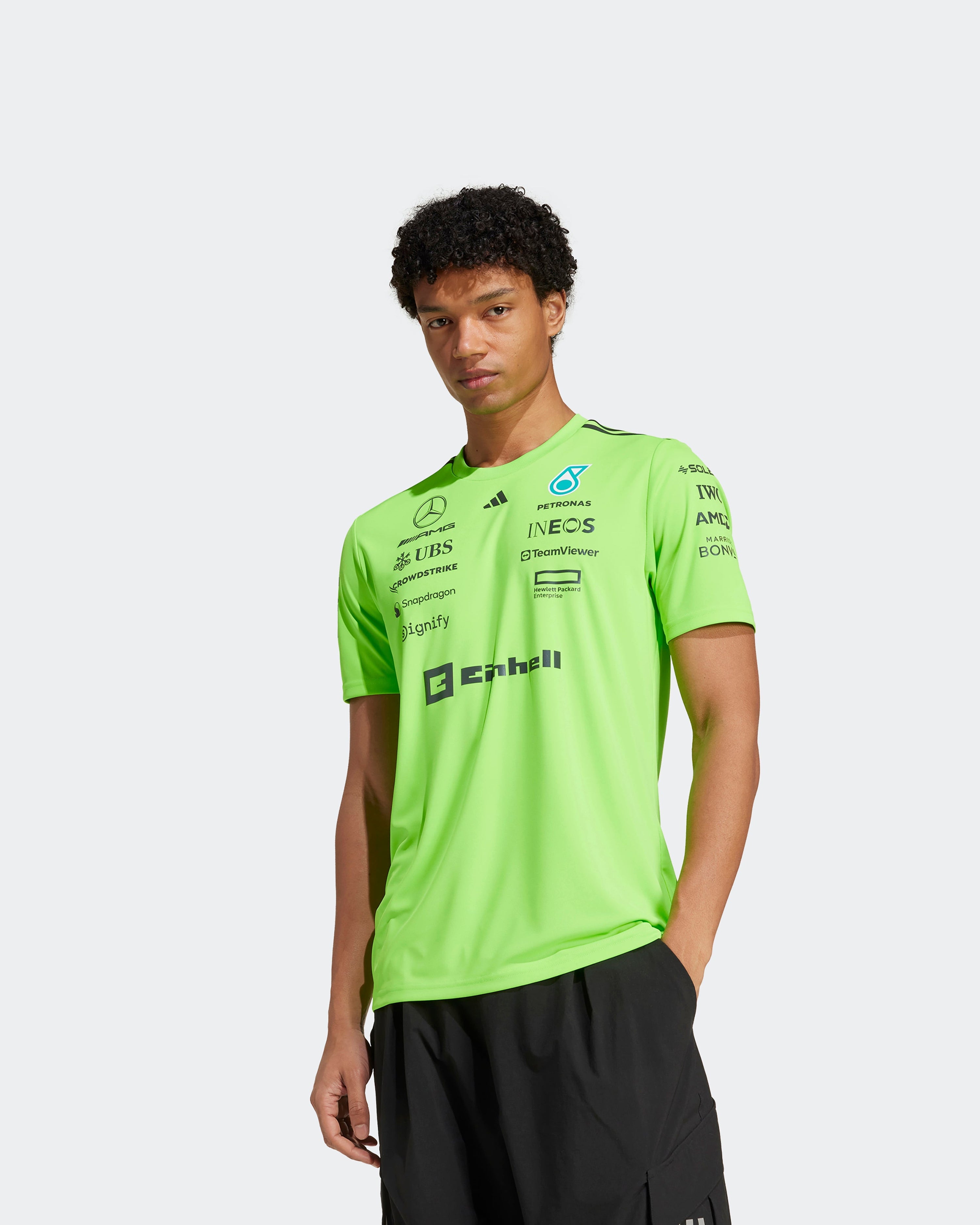 Mens 2025 Team Set Up Tee Green — primary product view showing Mercedes-AMG PETRONAS F1 styling and product details | Dash Racegear