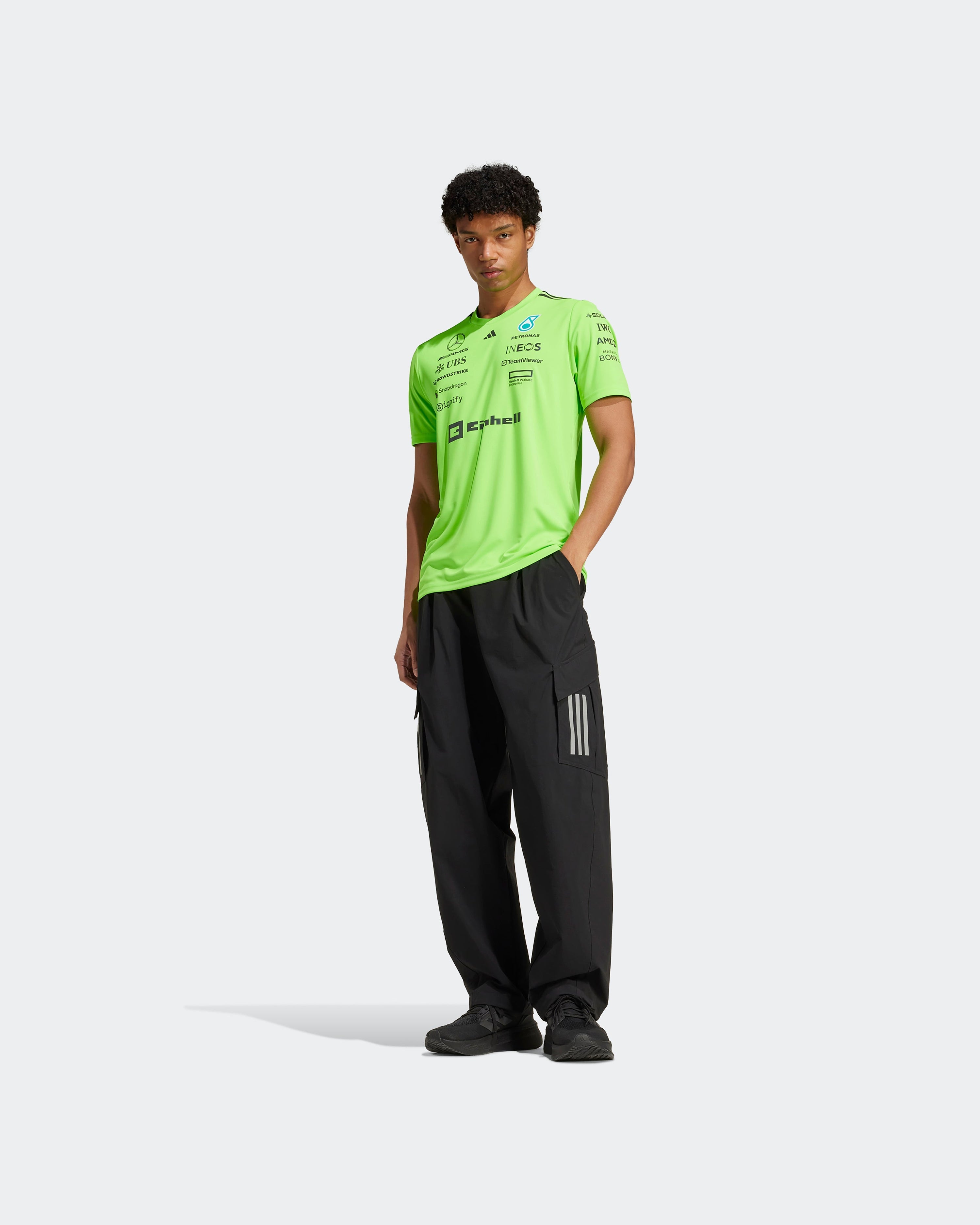 Mens 2025 Team Set Up Tee Green — additional product detail showing Mercedes-AMG PETRONAS F1 styling and product details | Dash Racegear