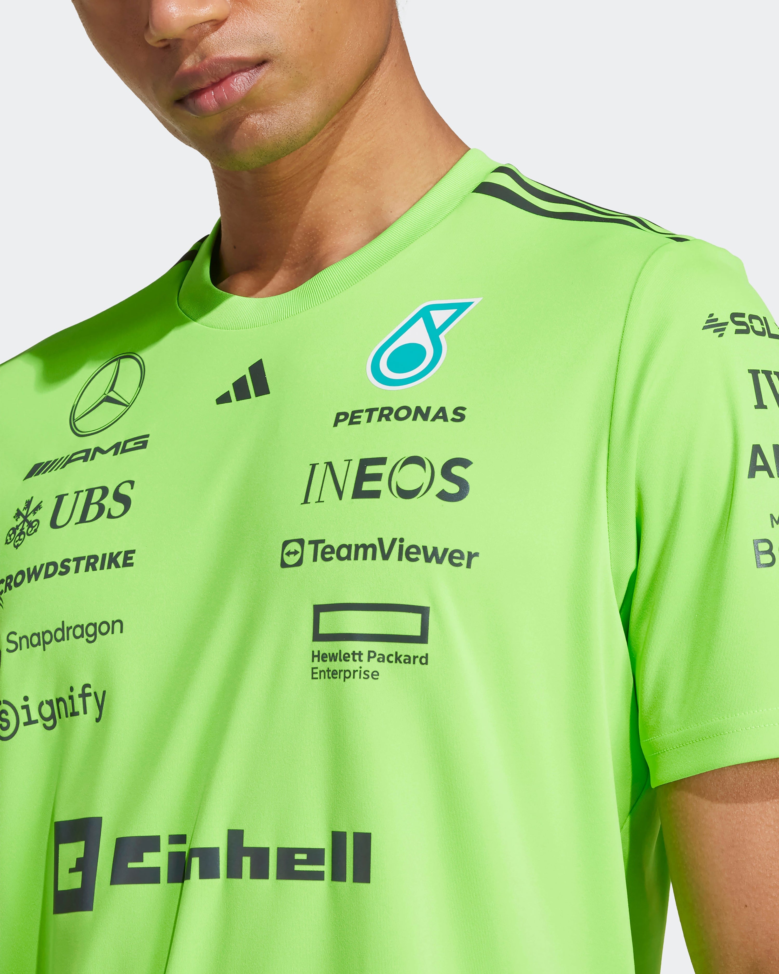 Mens 2025 Team Set Up Tee Green — alternate product angle showing Mercedes-AMG PETRONAS F1 styling and product details | Dash Racegear