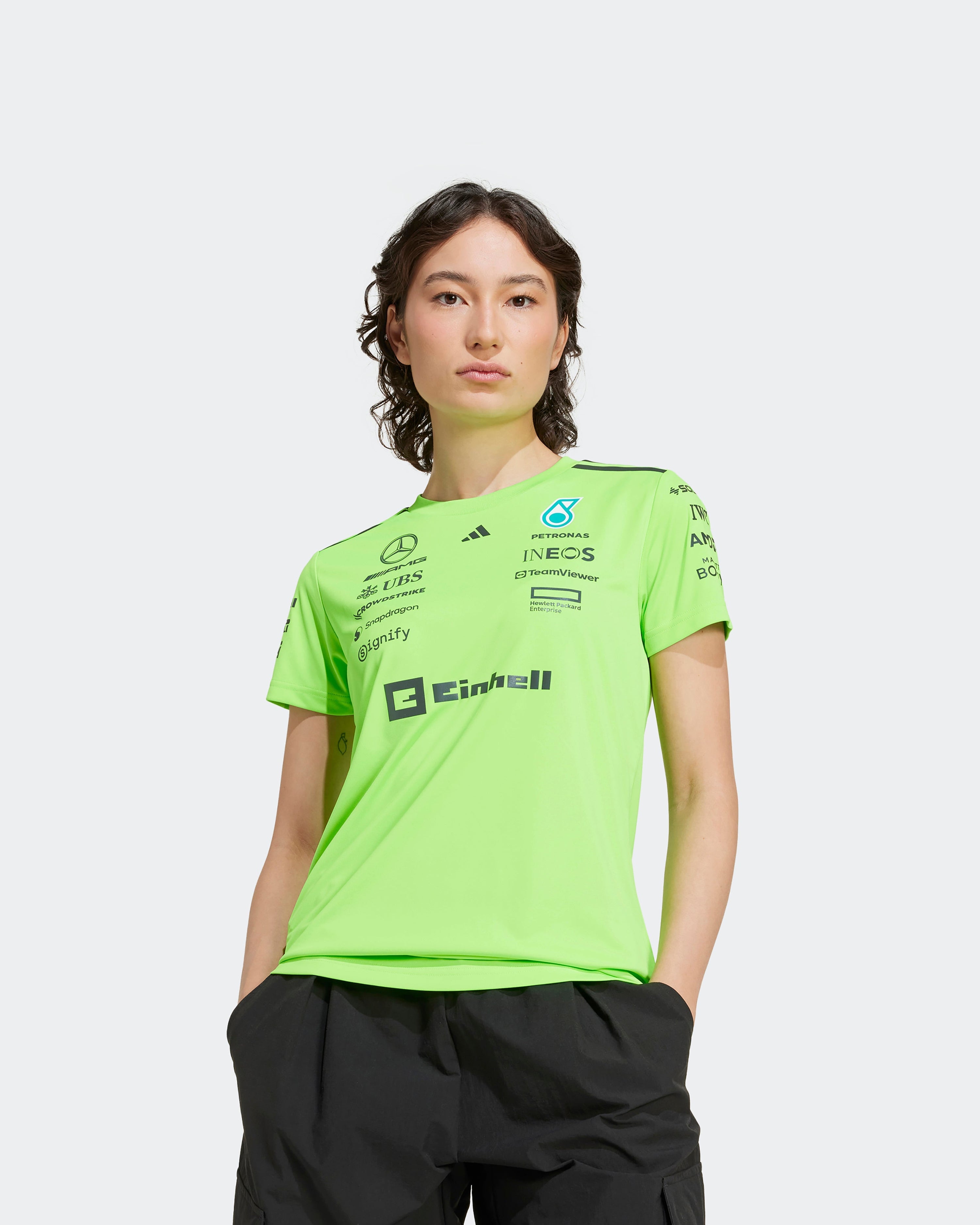 Womens 2025 Team Set Up Tee Green — primary product view showing Mercedes-AMG PETRONAS F1 styling and product details | Dash Racegear