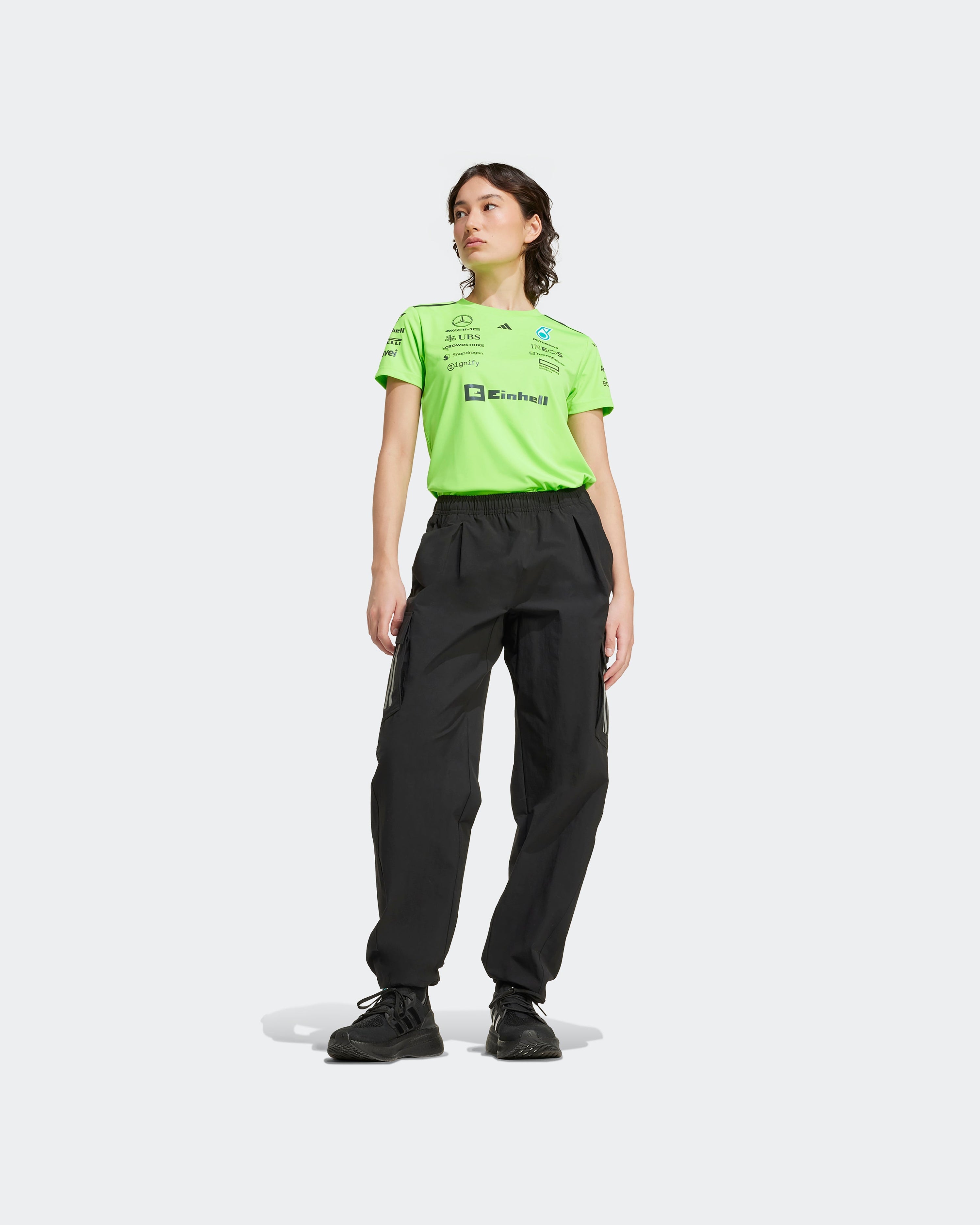 Womens 2025 Team Set Up Tee Green — close-up design detail showing Mercedes-AMG PETRONAS F1 styling and product details | Dash Racegear