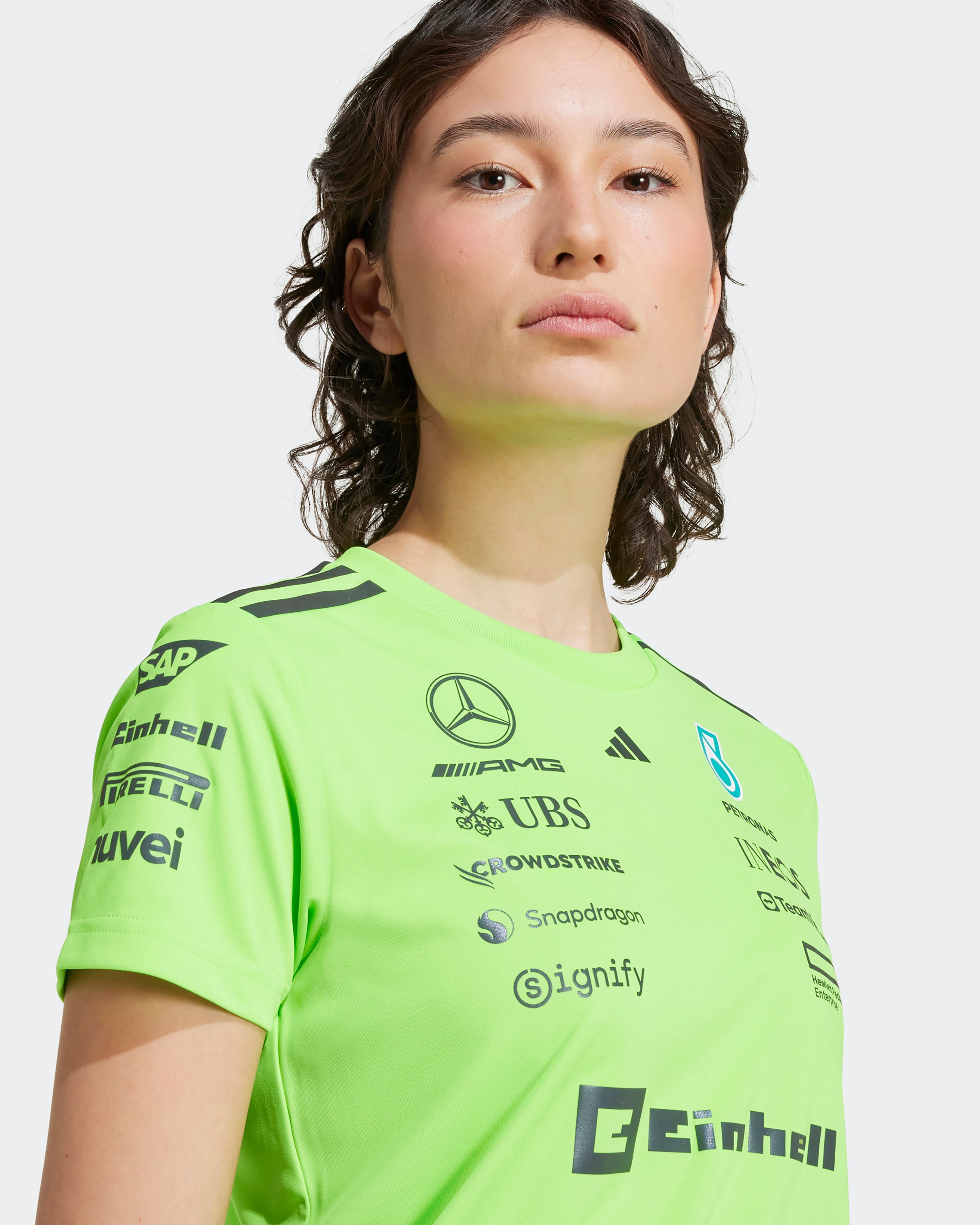 Womens 2025 Team Set Up Tee Green — additional product detail showing Mercedes-AMG PETRONAS F1 styling and product details | Dash Racegear