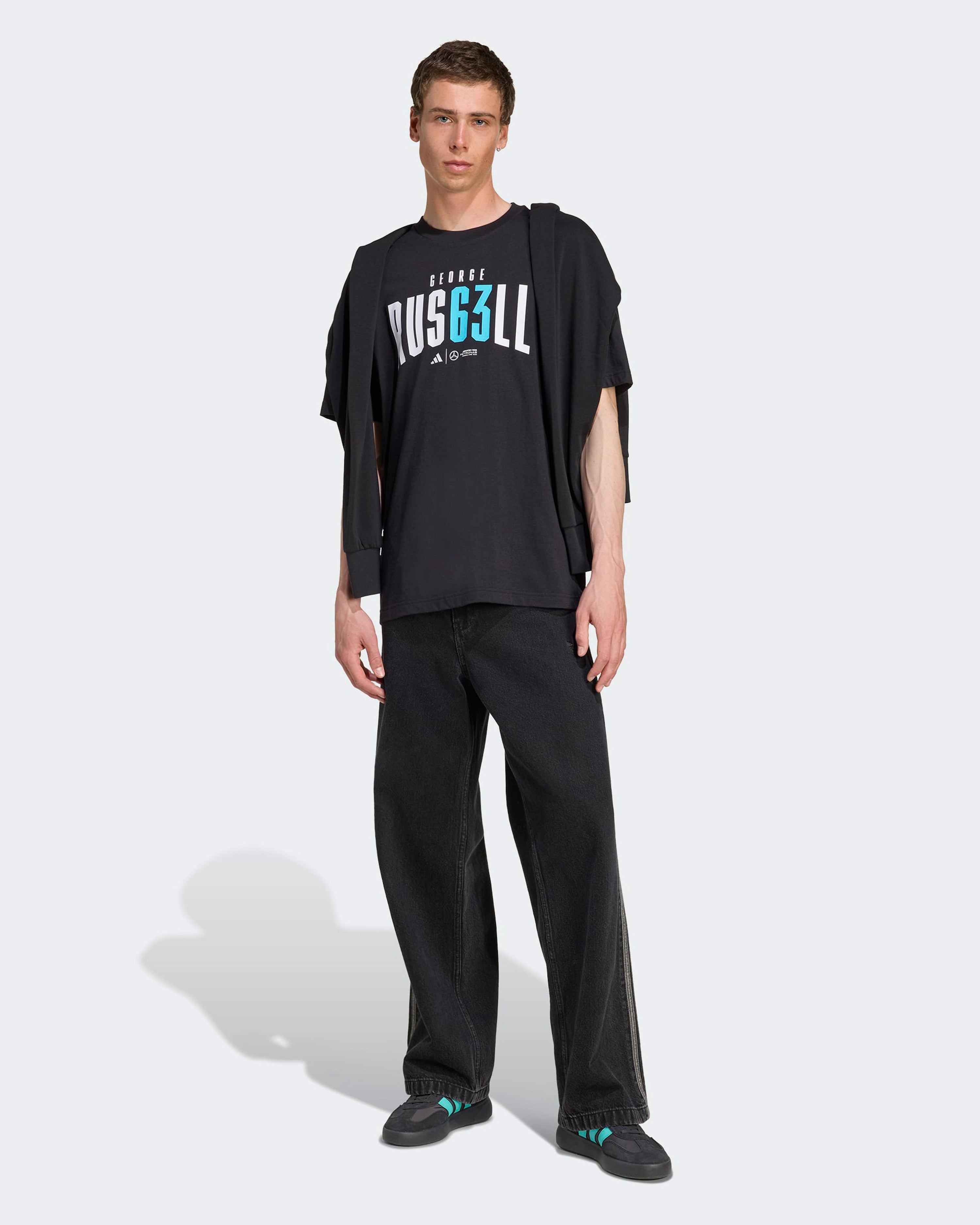 Mens George Russell T-shirt Black — close-up design detail showing Mercedes-AMG PETRONAS F1 styling and product details | Dash Racegear
