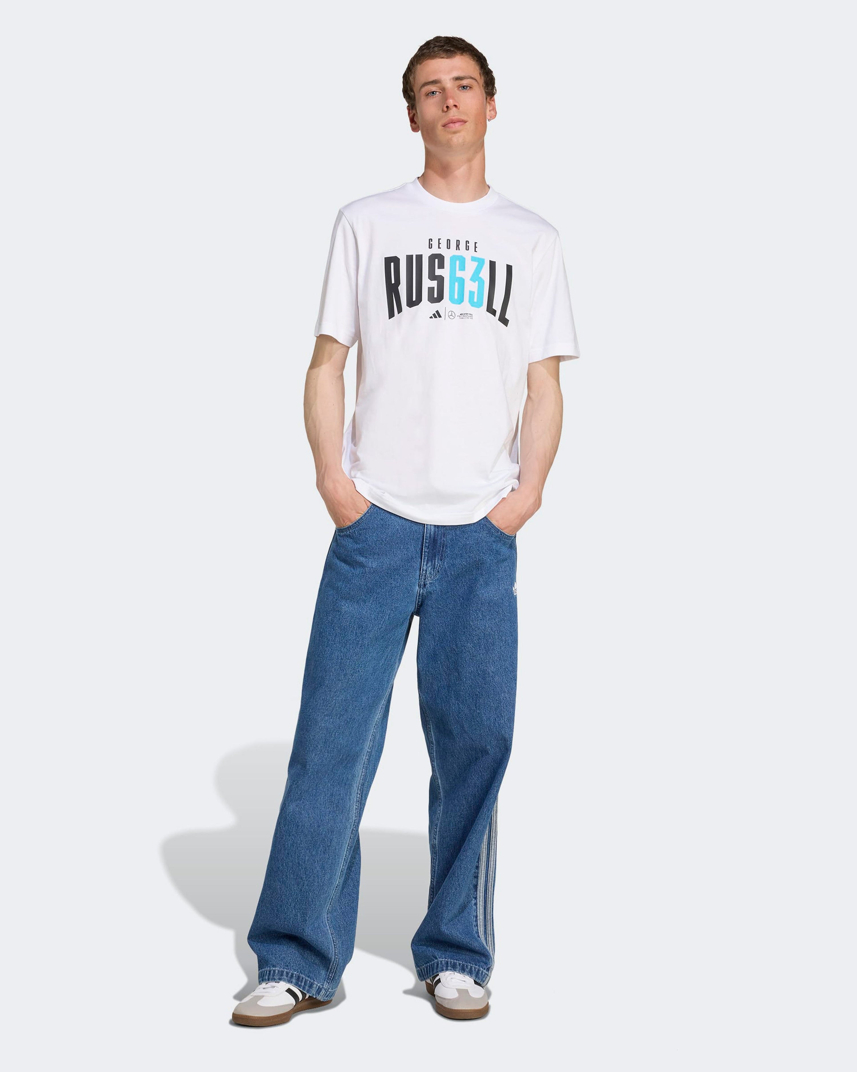 Mens George Russell T-shirt White — close-up design detail showing Mercedes-AMG PETRONAS F1 styling and product details | Dash Racegear