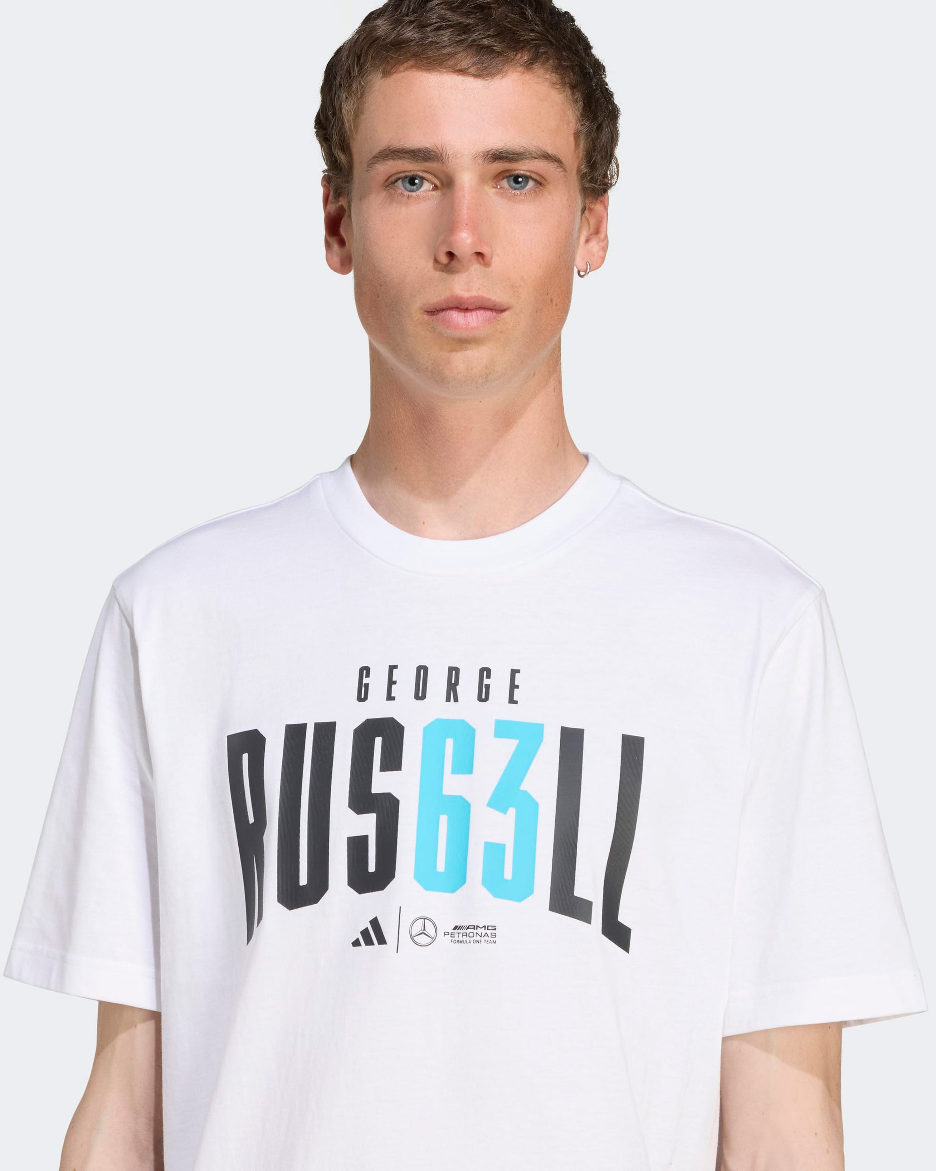 Mens George Russell T-shirt White — additional product detail showing Mercedes-AMG PETRONAS F1 styling and product details | Dash Racegear