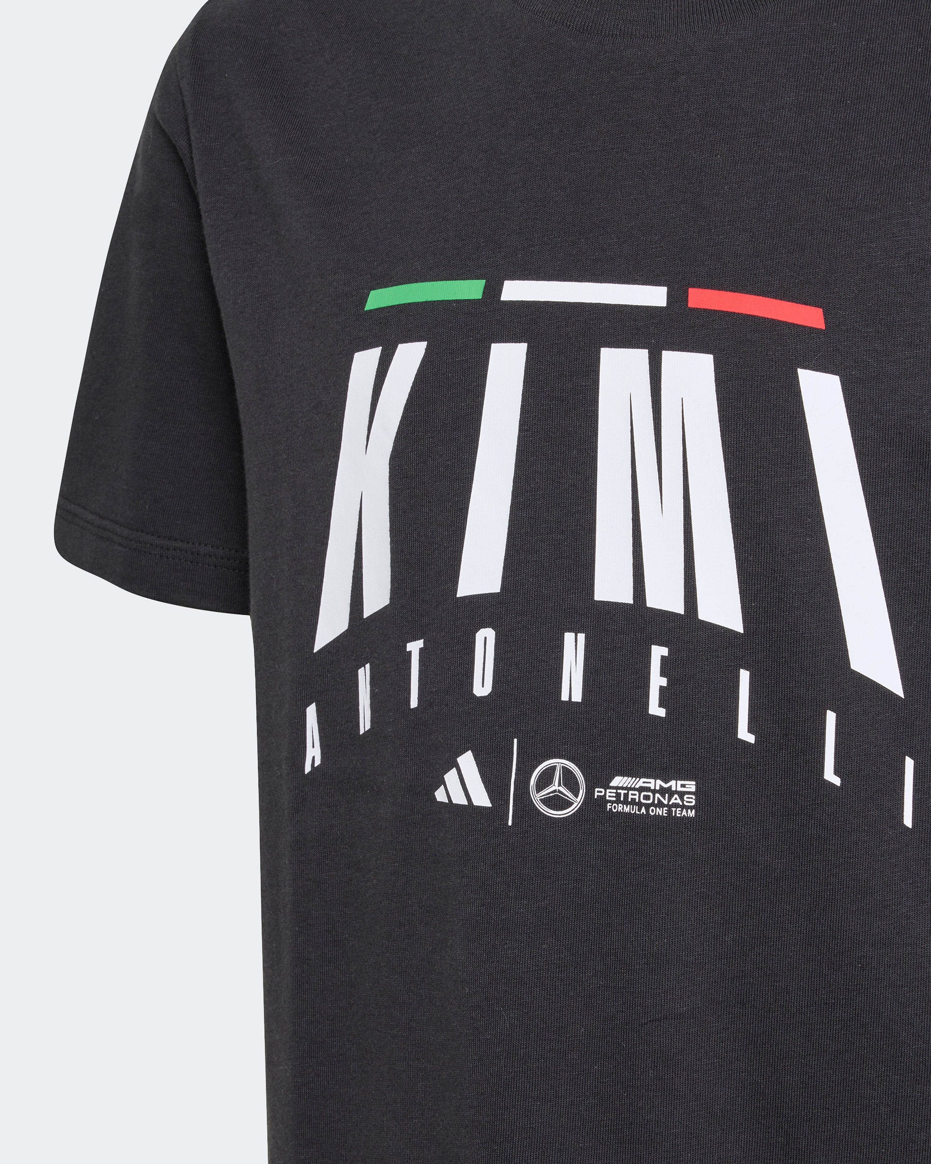 Kids Kimi Antonelli T-shirt Black — close-up design detail showing Mercedes-AMG PETRONAS F1 styling and product details | Dash Racegear