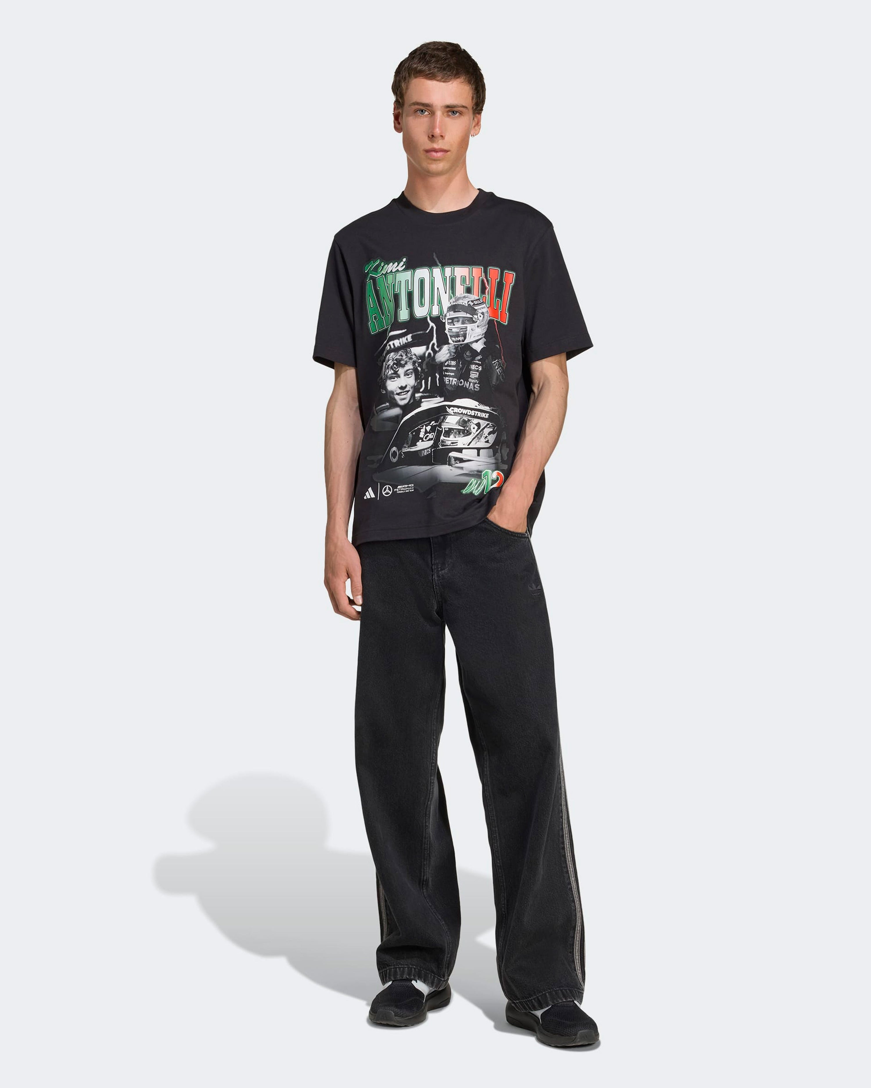 Mens Kimi Antonelli Graphic T-shirt Black — close-up design detail showing Mercedes-AMG PETRONAS F1 styling and product details | Dash Racegear
