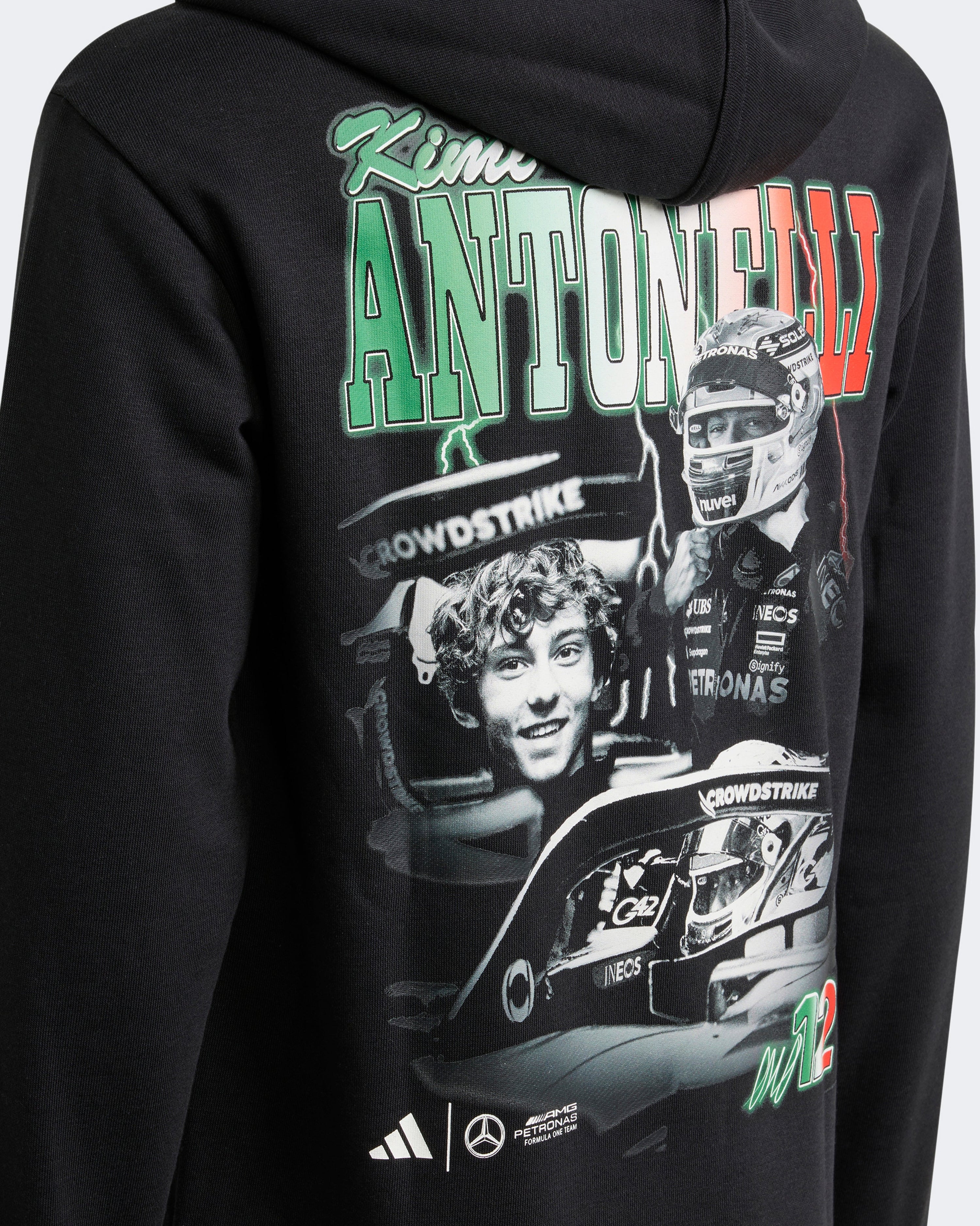 Kids Kimi Antonelli Graphic Hoody Black — close-up design detail showing Mercedes-AMG PETRONAS F1 styling and product details | Dash Racegear