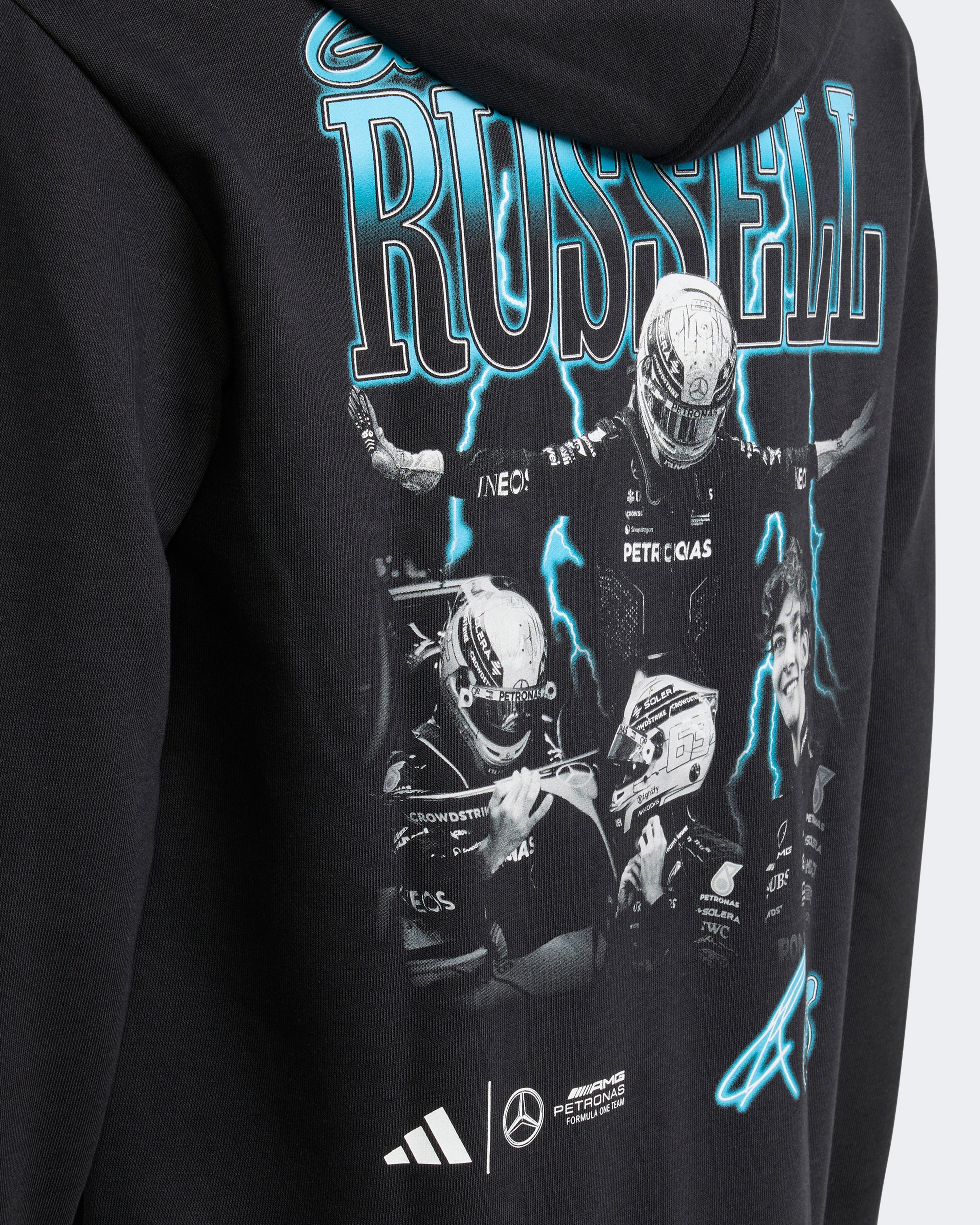 Kids George Russell Graphic Hoody Black — additional product detail showing Mercedes-AMG PETRONAS F1 styling and product details | Dash Racegear