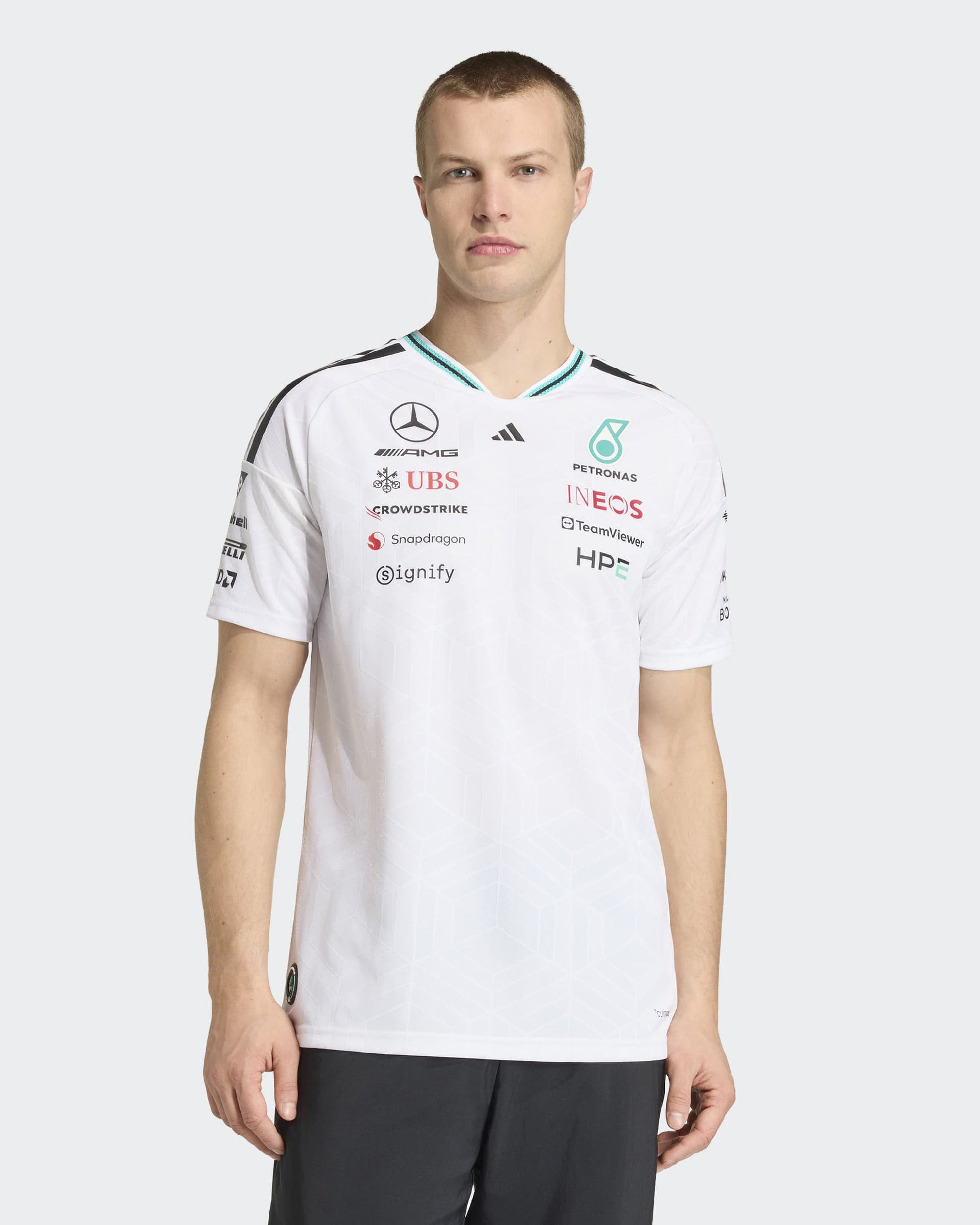 Mens 2026 Authentic Driver Tee White — additional product detail showing Mercedes-AMG PETRONAS F1 styling and product details | Dash Racegear