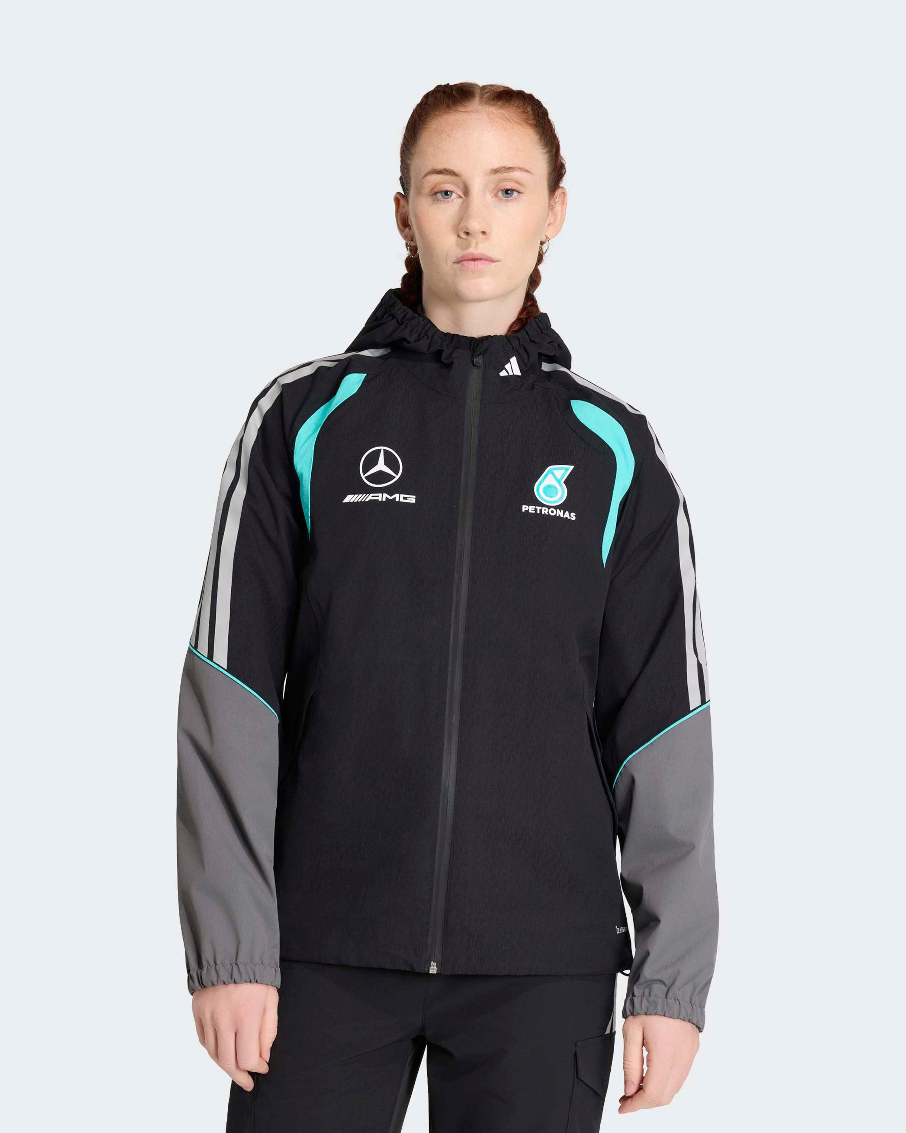 Womens 2026 Mechanics Rain Jacket Black — primary product view showing Mercedes-AMG PETRONAS F1 styling and product details | Dash Racegear