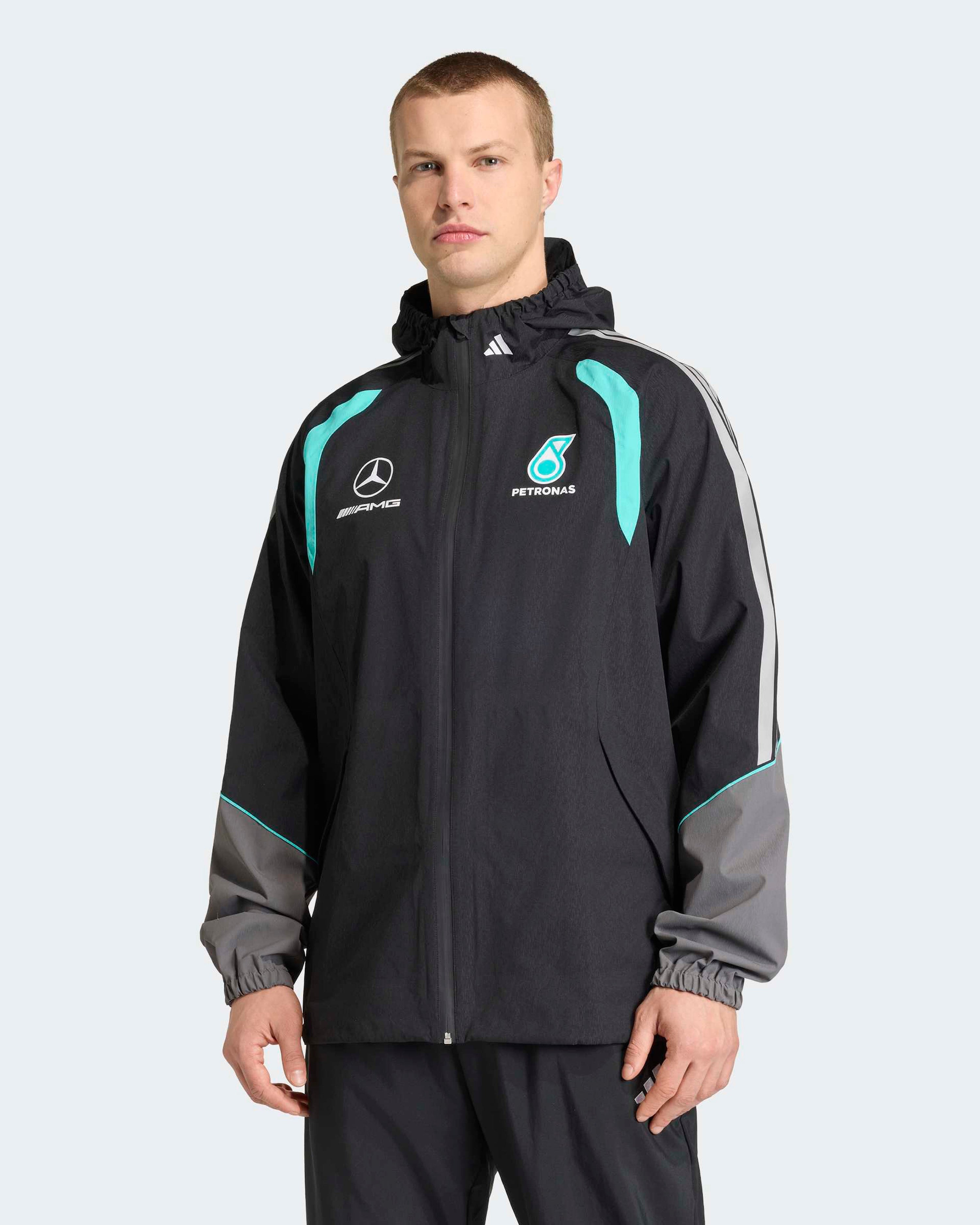 Mens 2026 Mechanics Rain Jacket Black — primary product view showing Mercedes-AMG PETRONAS F1 styling and product details | Dash Racegear