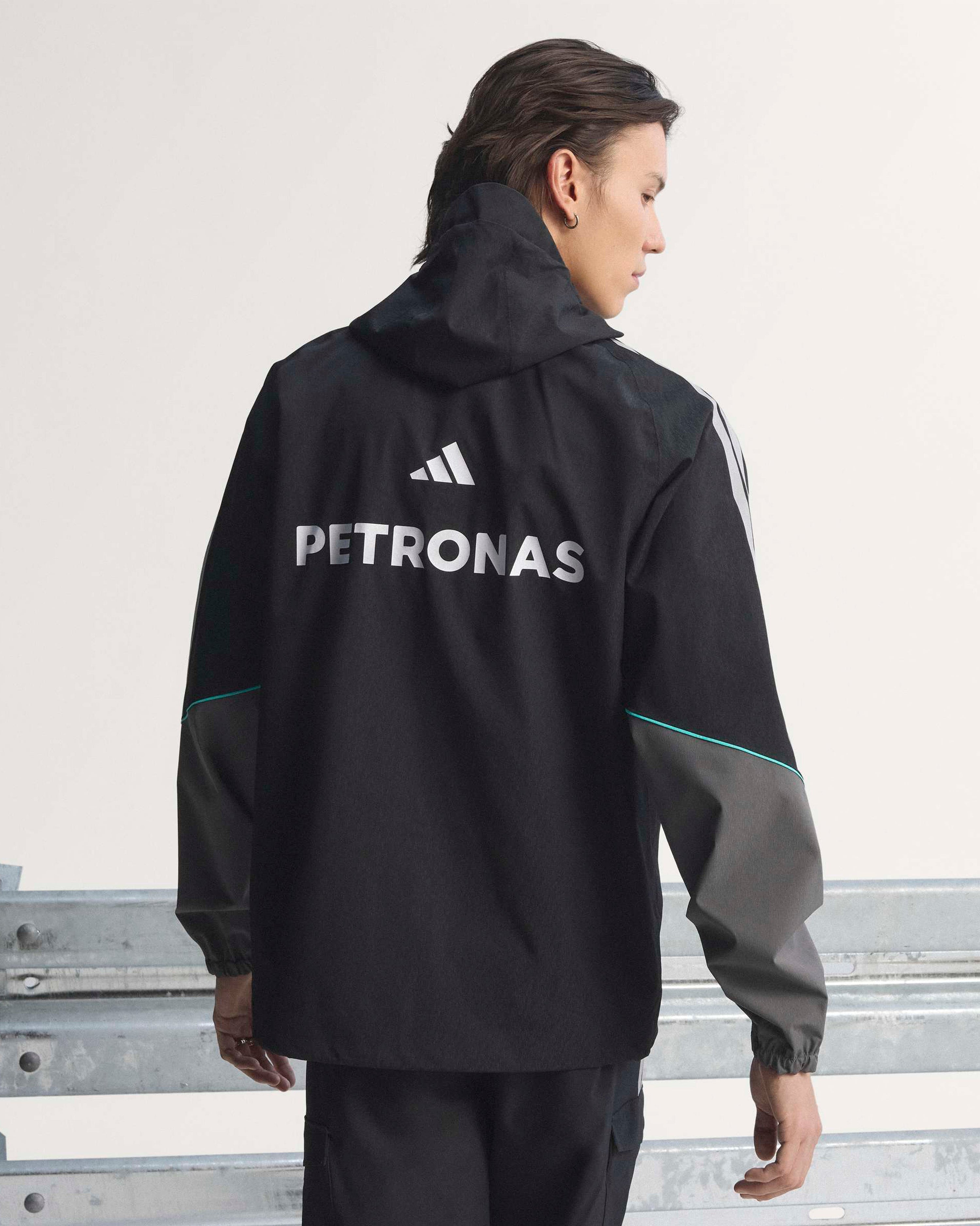 Mens 2026 Mechanics Rain Jacket Black — additional product detail showing Mercedes-AMG PETRONAS F1 styling and product details | Dash Racegear