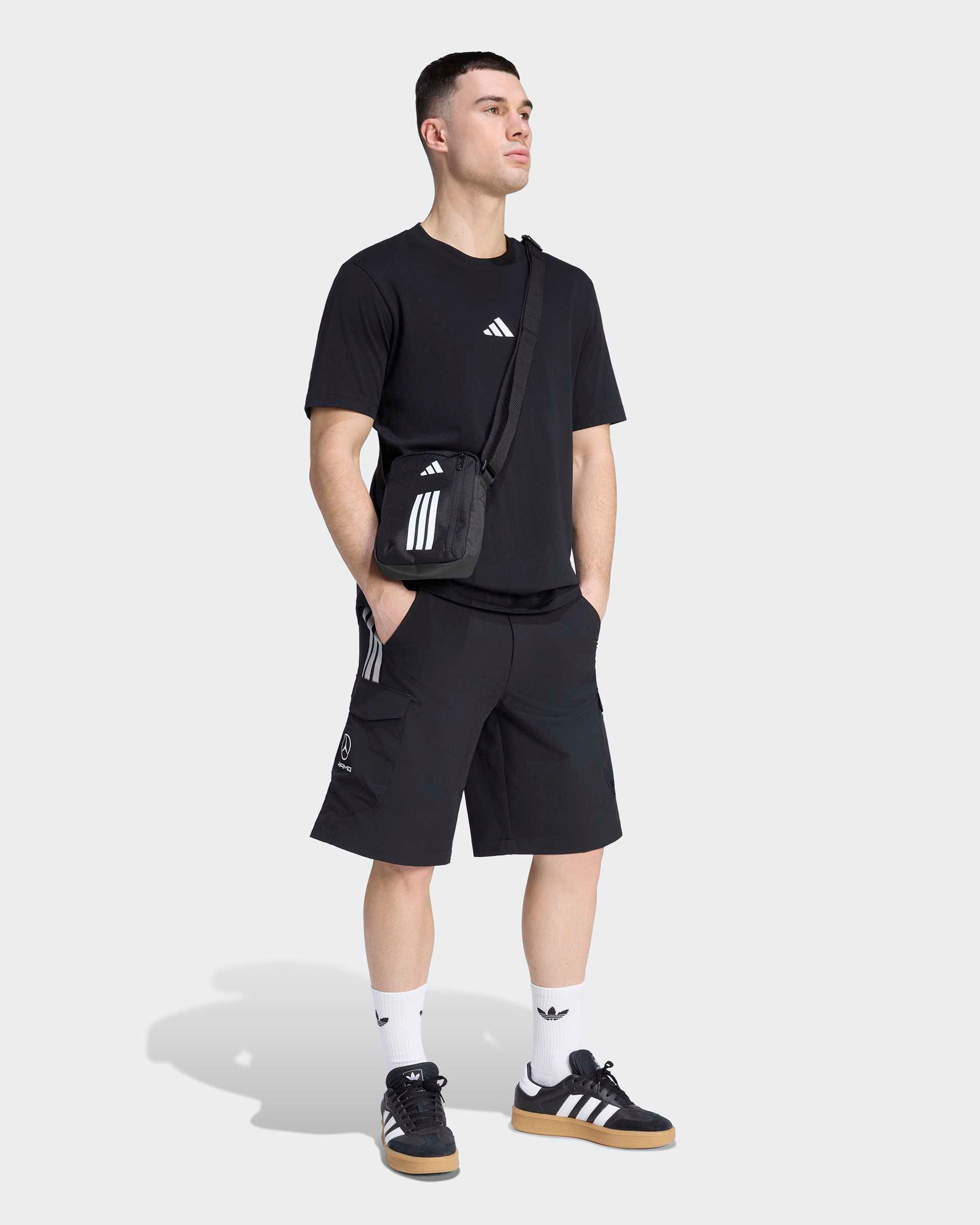 Mens 2026 Mechanics Shorts Black — close-up design detail showing Mercedes-AMG PETRONAS F1 styling and product details | Dash Racegear