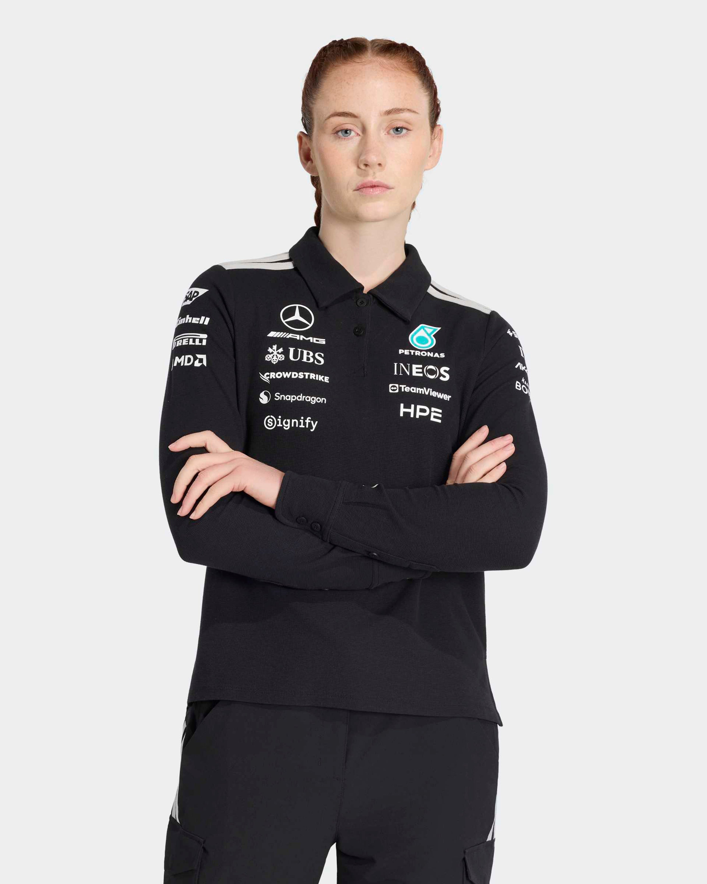 Womens 2026 Team Long-Sleeve Polo Black — primary product view showing Mercedes-AMG PETRONAS F1 styling and product details | Dash Racegear