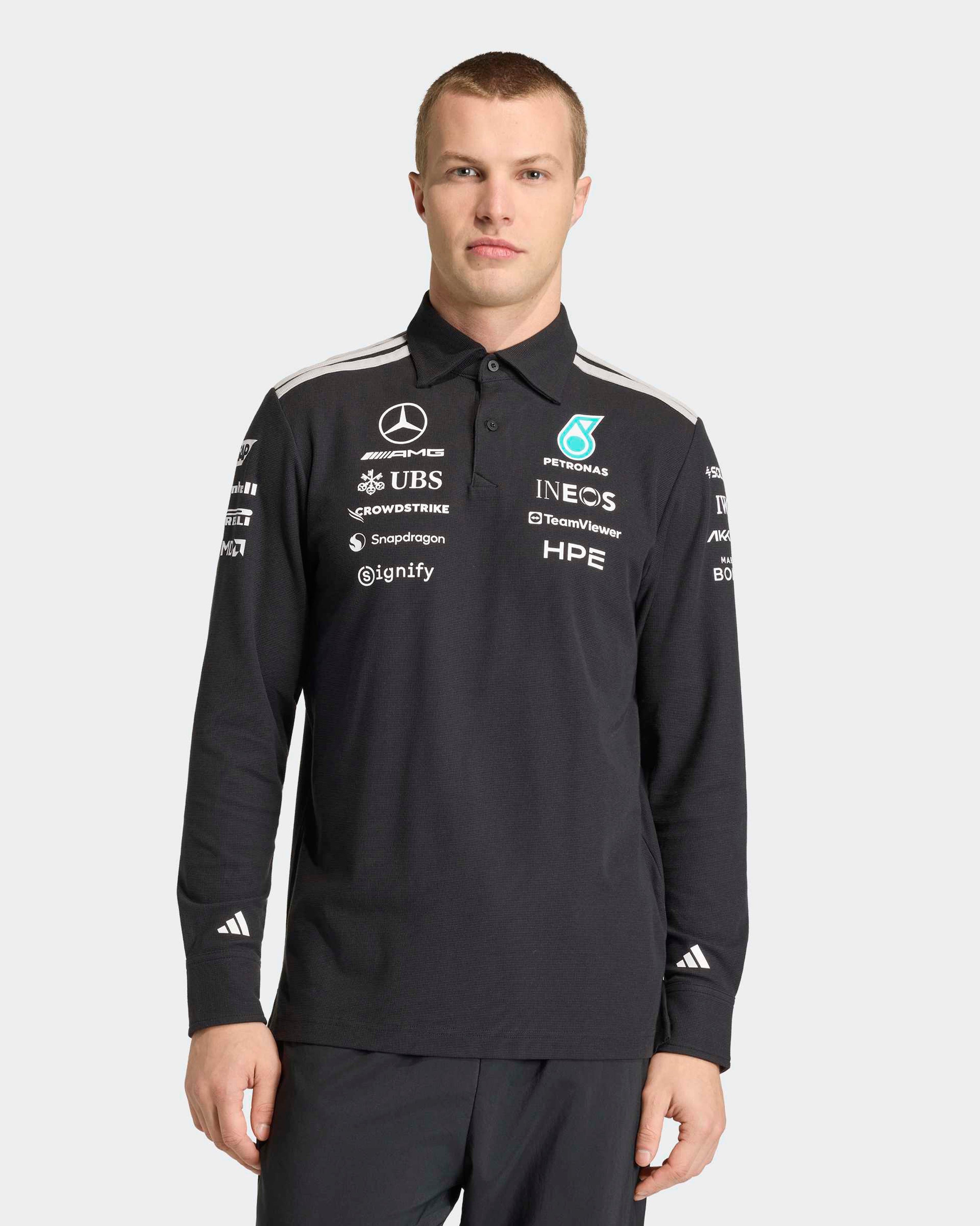Mens 2026 Team Long-Sleeve Polo Black — close-up design detail showing Mercedes-AMG PETRONAS F1 styling and product details | Dash Racegear