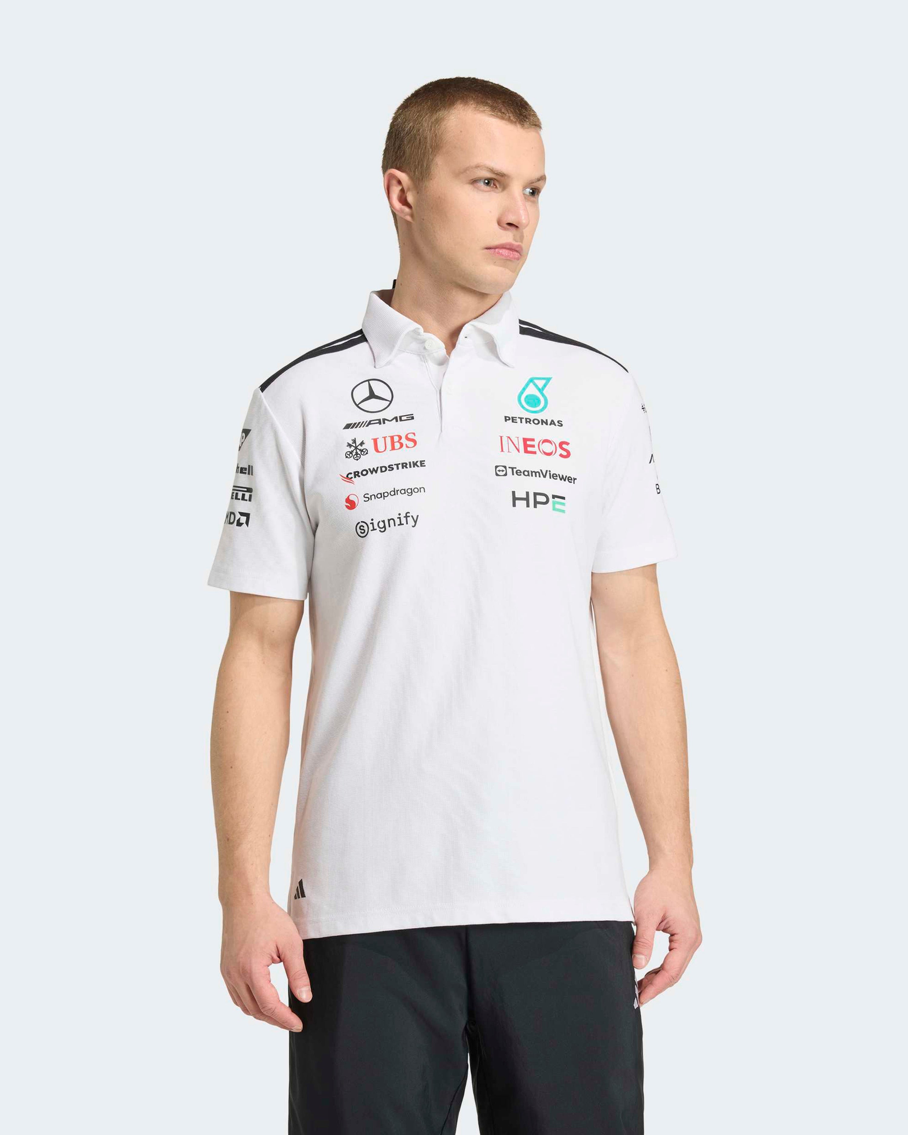 Mens 2026 Team Polo White — primary product view showing Mercedes-AMG PETRONAS F1 styling and product details | Dash Racegear