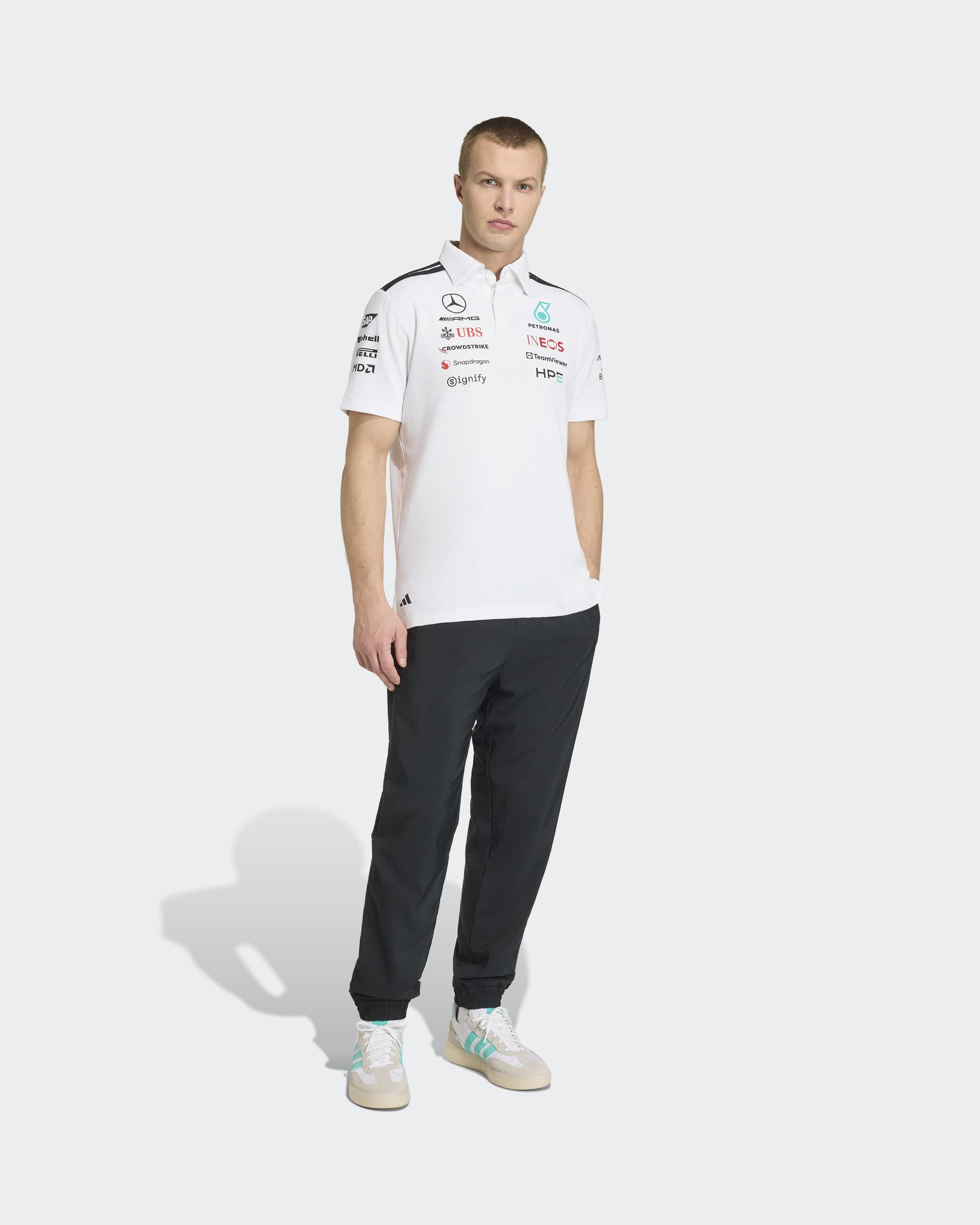 Mens 2026 Team Polo White — close-up design detail showing Mercedes-AMG PETRONAS F1 styling and product details | Dash Racegear