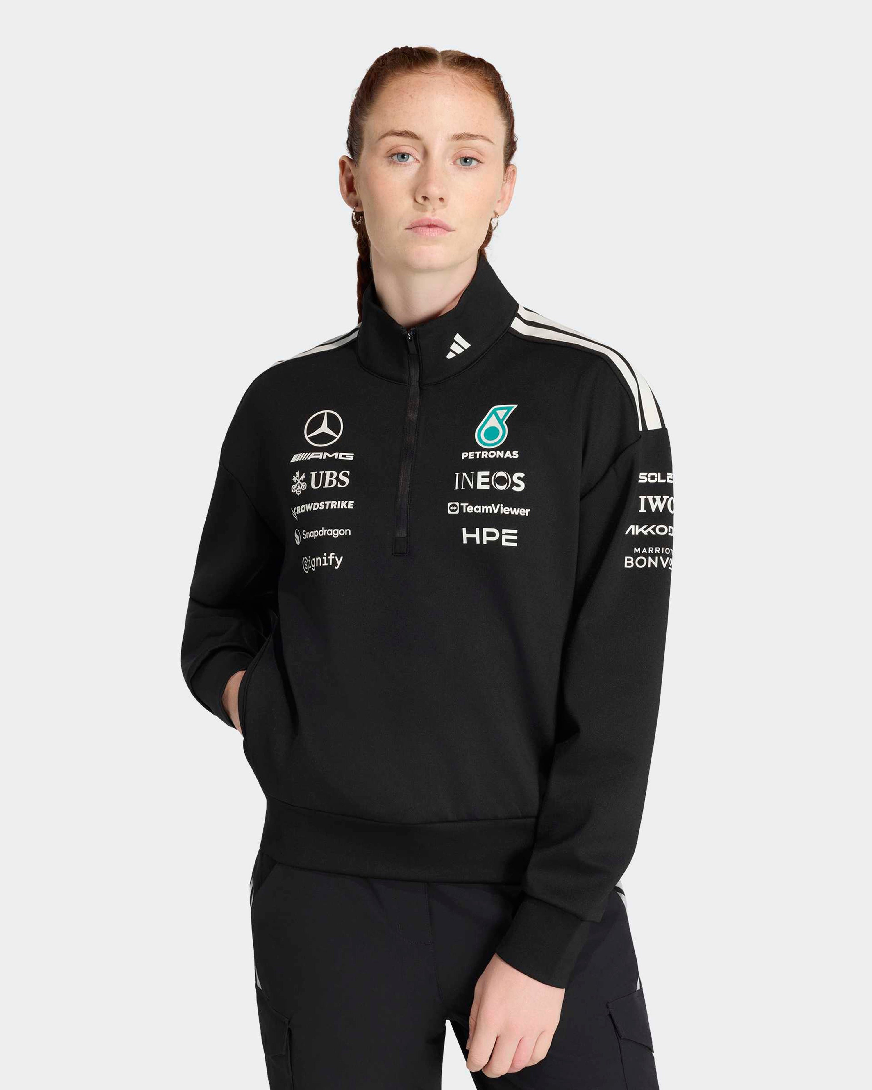 Womens 2026 Team Quarter Zip Black — primary product view showing Mercedes-AMG PETRONAS F1 styling and product details | Dash Racegear
