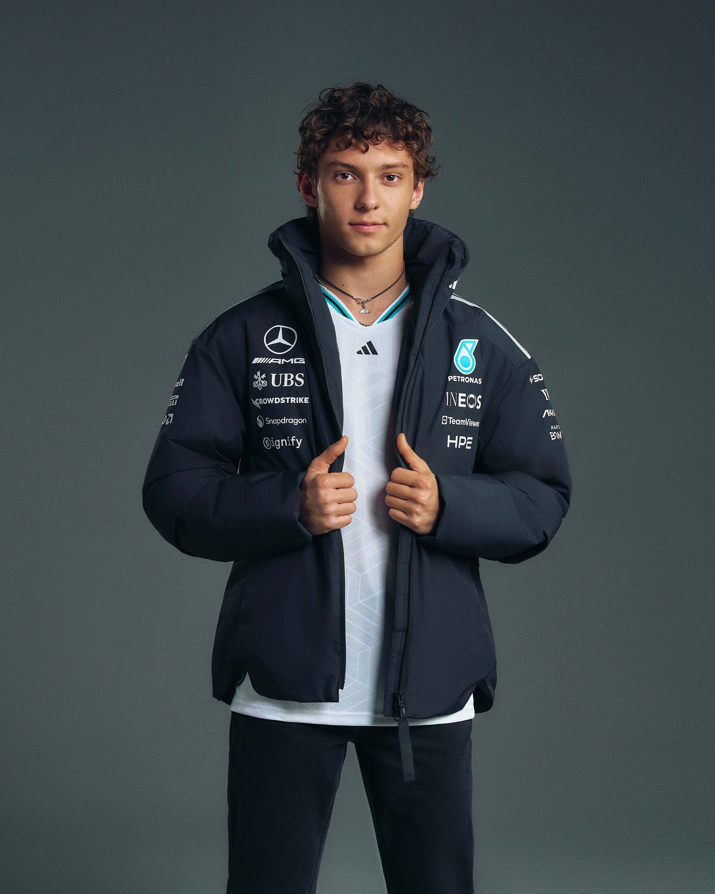 Mens 2026 Team Jacket Black — primary product view showing Mercedes-AMG PETRONAS F1 styling and product details | Dash Racegear
