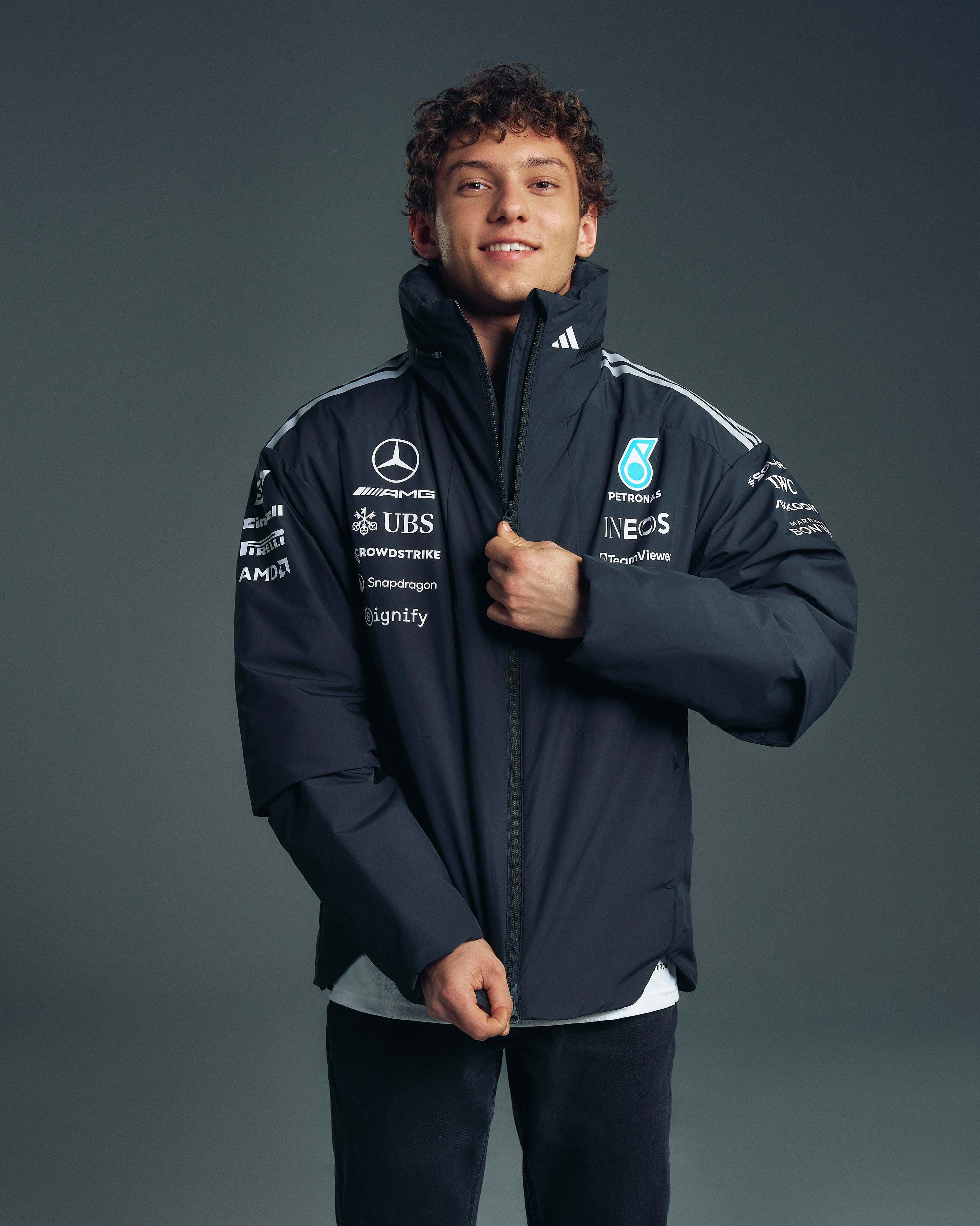 Mens 2026 Team Jacket Black — alternate product angle showing Mercedes-AMG PETRONAS F1 styling and product details | Dash Racegear