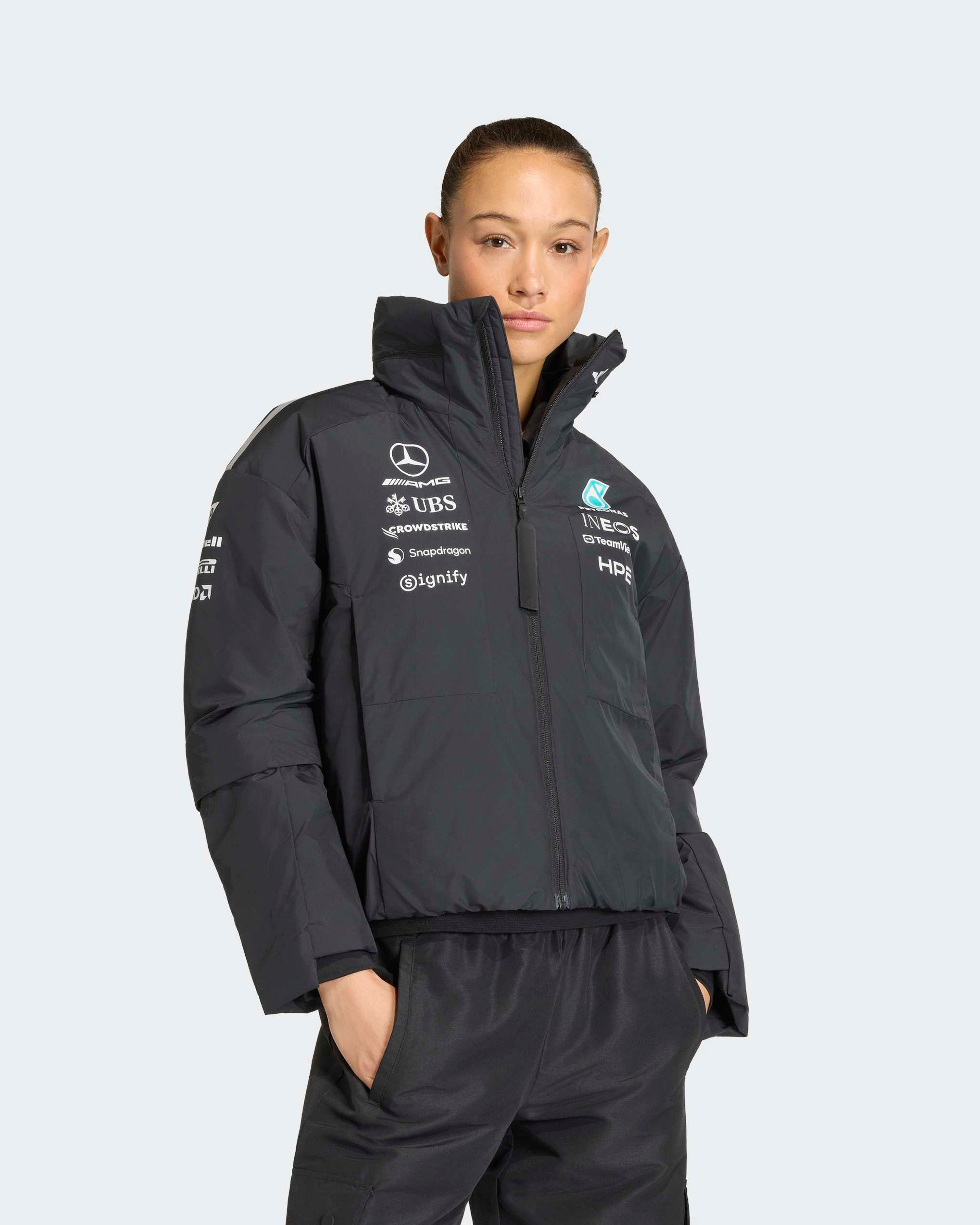 Womens 2026 Team Jacket Black — close-up design detail showing Mercedes-AMG PETRONAS F1 styling and product details | Dash Racegear