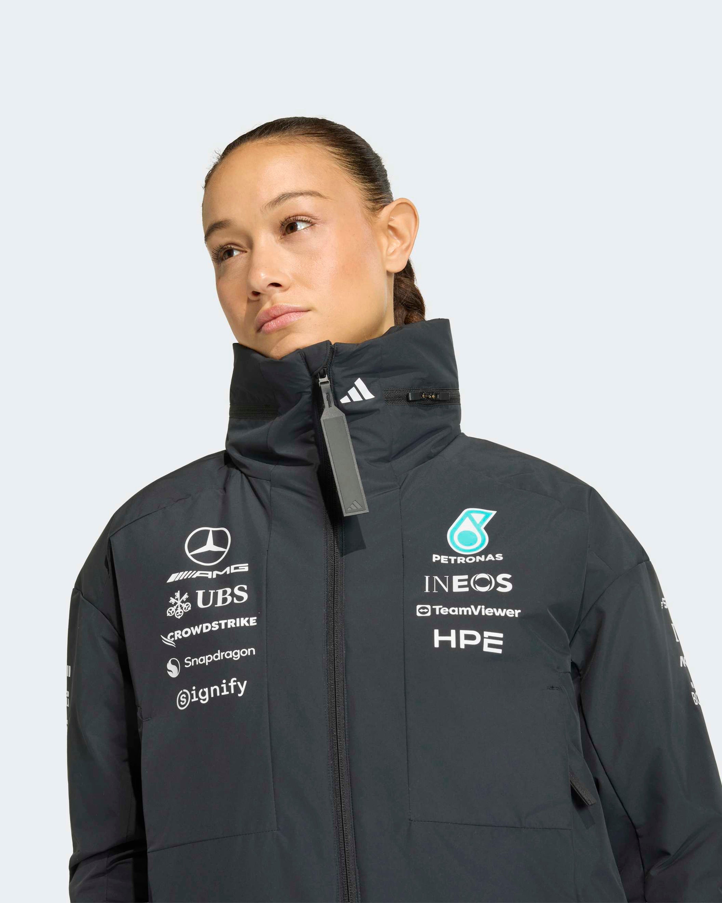 Womens 2026 Team Jacket Black — additional product detail showing Mercedes-AMG PETRONAS F1 styling and product details | Dash Racegear
