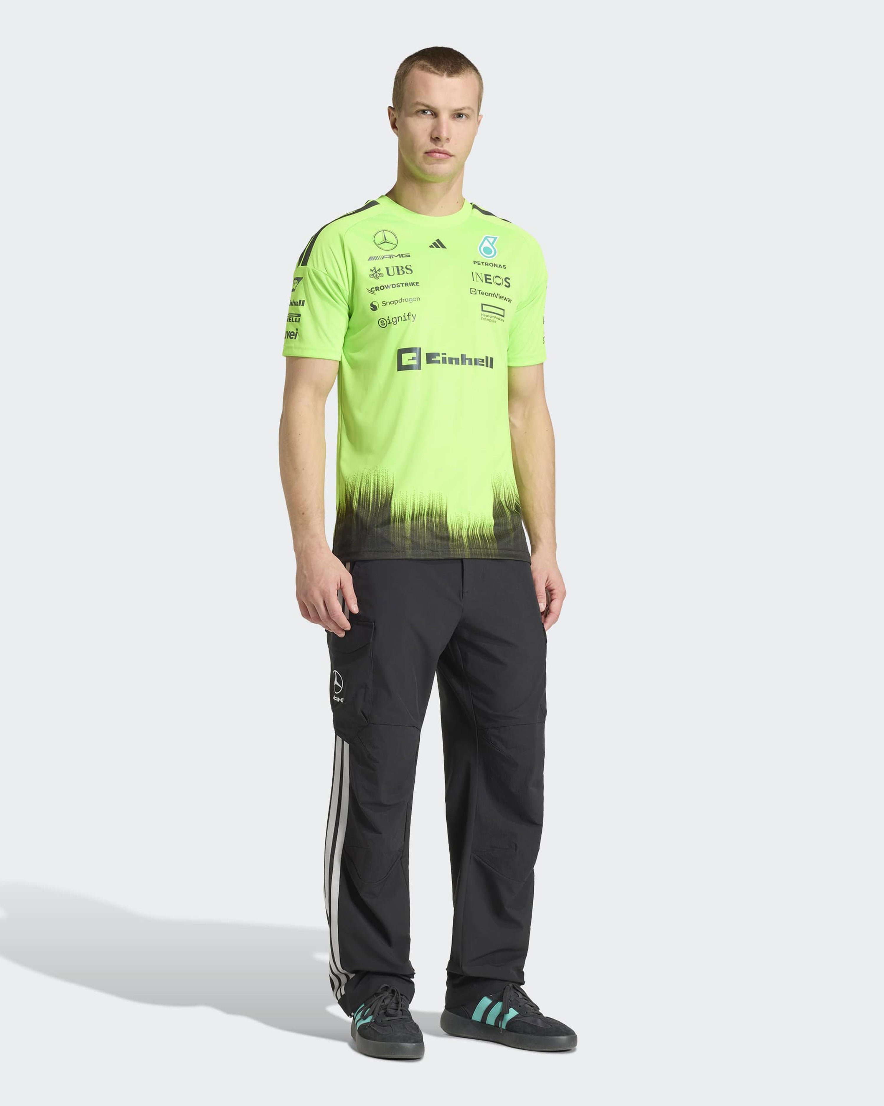 Mens 2026 Setup Tee Green — close-up design detail showing Mercedes-AMG PETRONAS F1 styling and product details | Dash Racegear
